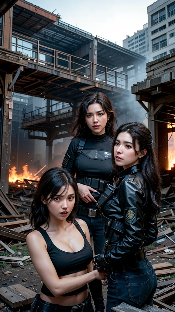 medium shot photo, half body photo, Design an 8k movie poster showing a medium shot of three main female characters dressed as special ops agents, wearing crop tactical gear with black combat jackets, gloves, and gear belts. They are positioned side by side in an intense pose, captured from the waist up, with determined and fierce expressions. The backdrop features an abandoned city in chaos, with crumbling buildings, broken windows, and scattered debris. The lighting is gritty, with muted colors and shadows emphasizing the post-apocalyptic environment, capturing the tension and urgency of a world on the brink of collapse. side by side pose