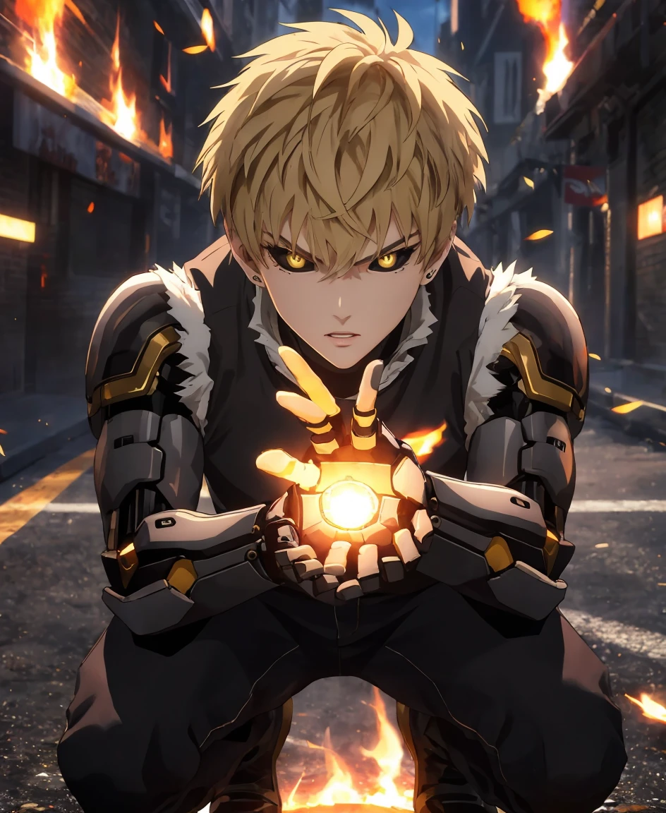 full body, "(masterpiece, The best quality: 1.4), colorful portrait, high contrast, genos black shirt, sleeveless, black pants, mechanical arms, bright, bright eyes, bright hands, fighting pose, flames everywhere, top down view, It sounded long, Long range shooting." full body, excellent lighting, Fighting pose