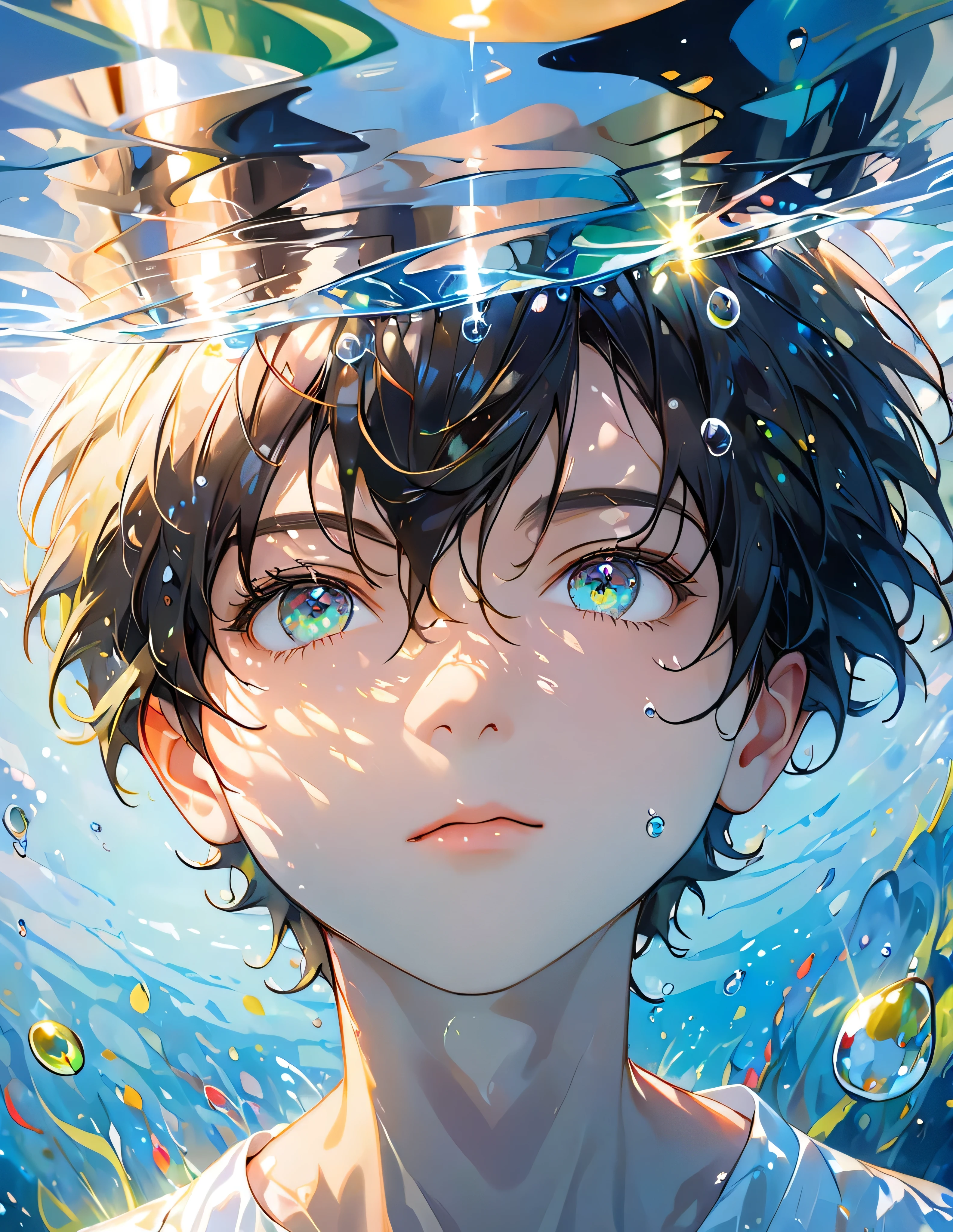 Boy swimming underwater,Ultra-detailed rendering style,Shine,yellow,green,Brush,Surreal oil painting,Shine目,Head close-up,Exaggerated perspective,Tyndall effect,Water Drop,Mother-of-pearl iridescence,holographic white,Black background,