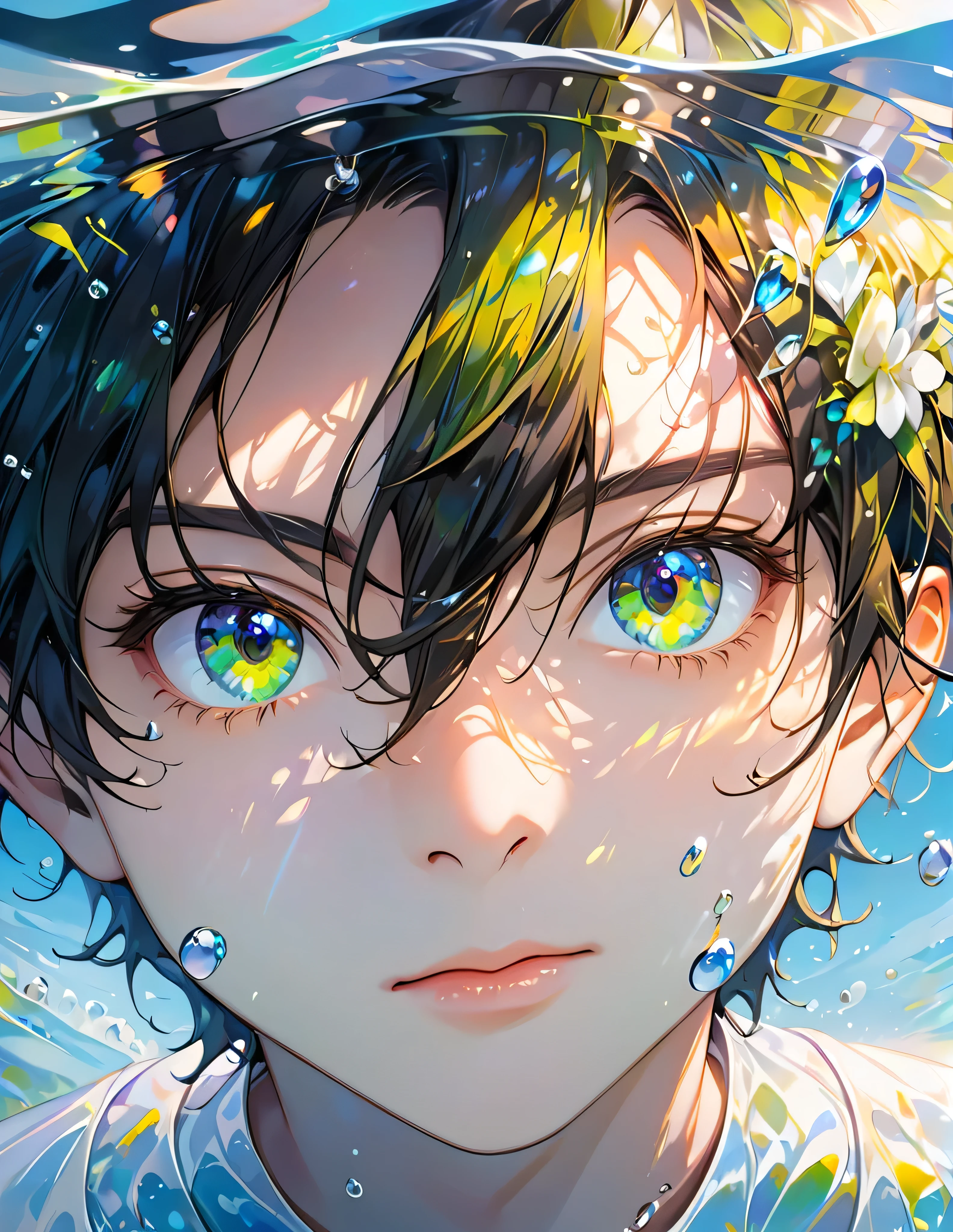 Boy swimming underwater,Ultra-detailed rendering style,Shine,yellow,green,Brush,Surreal oil painting,Shine目,Head close-up,Exaggerated perspective,Tyndall effect,Water Drop,Mother-of-pearl iridescence,holographic white,Black background,