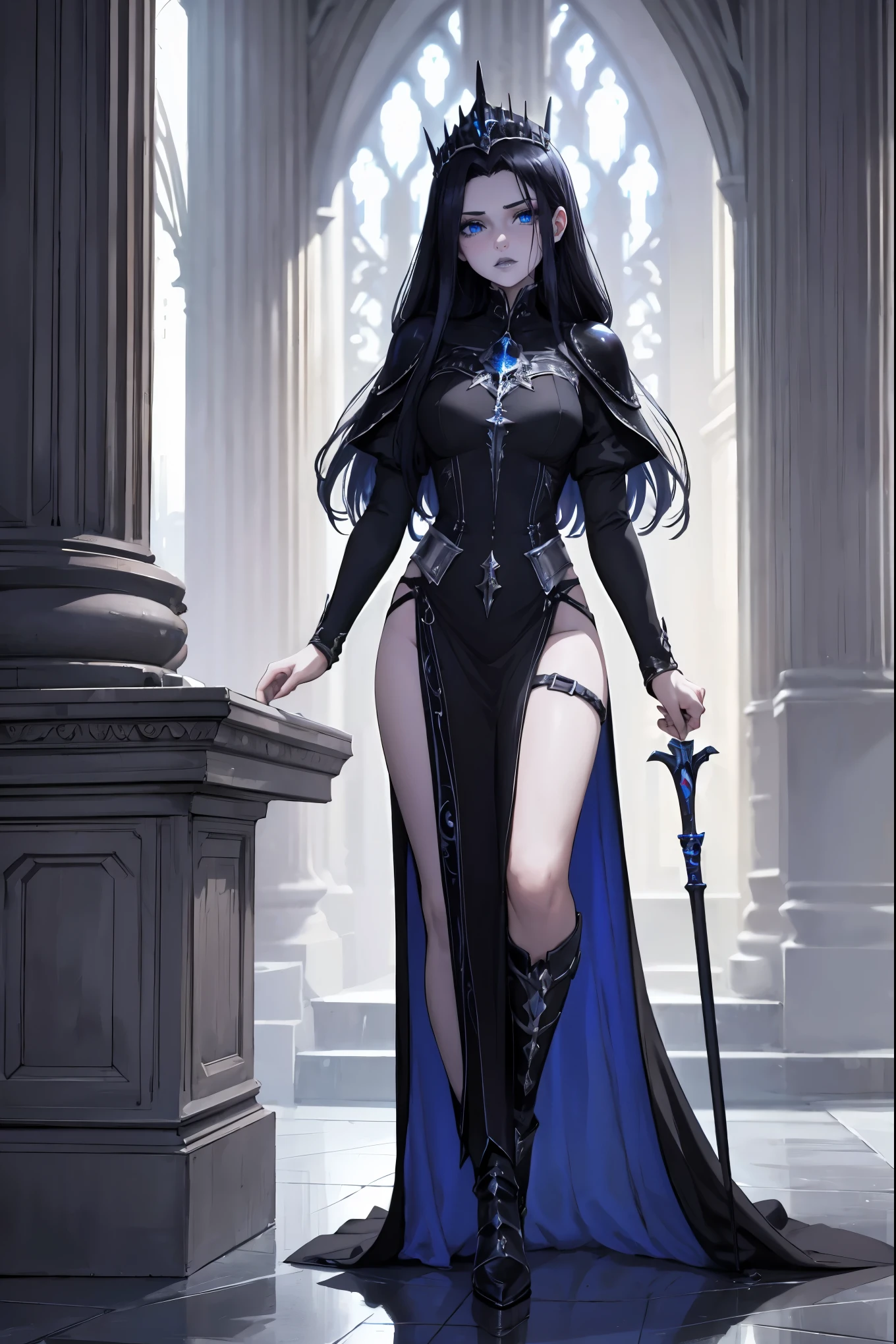 masterpiece, 1 girl, solo, twilight domain cleric, long black hair, hair over face, long black/blue dress, silver armor, tiara, silver boots, pale skin, sleepy, blue eyes, full body, holding a silver staff, in a gothic cathedral