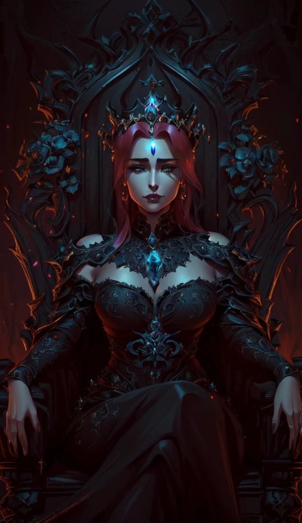 a woman sitting on a throne with a crown on her head, diablo 4 queen, beautiful elegant demon queen, queen of the underworld, best of artstation, diablo 4 lilith, elegant cinematic fantasy art, tomasz alen kopera and cgsociety, in style of dark fantasy art, Artstation contest winner, dark fantasy style art, portrait of emily blunt as queen