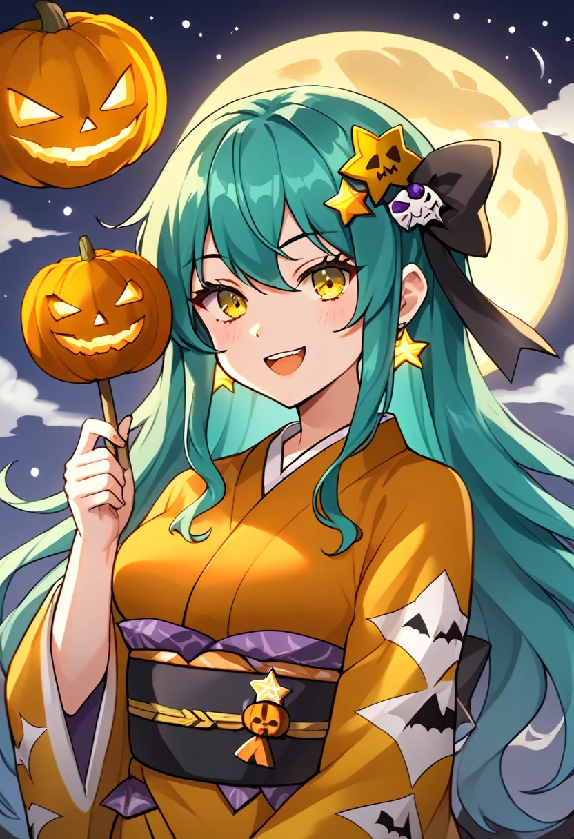 Girl with long dark turquoise hair, yellow eyes, yellow star pin in her head, on halloween kimono japanese