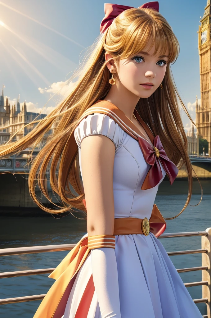 (solo, 1girl), (absurdres, highres, official wallpaper, poster), (masterpiece, best quality:1.2), (illustration, realistic), (perfect details, highest detailed, extreme detailed), dramatic light, MinakoAino, (sailor Venus ,hair bow, elbow gloves, neck ribbon, bangs, long hair, circlet, jewelry, flower earrings), (London, elizabeth tower, street, bridge, river, sunlight,standing)