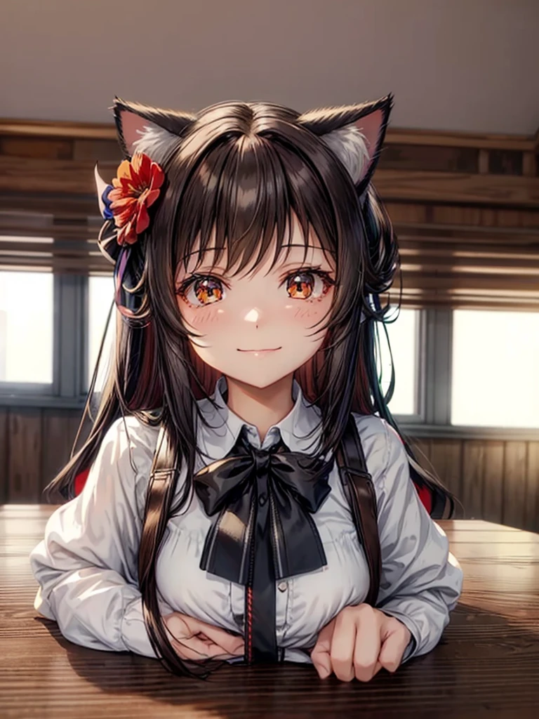 1girl, Solo, Long Hair, Looking at viewer, Brown Hair, Hair Ornament, Hair Bow, Hair Flower, Sparkle, Multiple Views, Masterpiece, Best Quality, cat ears, adult, adult woman, cat girl, brown eyes  ,smiling, happy,school uniform, sexy