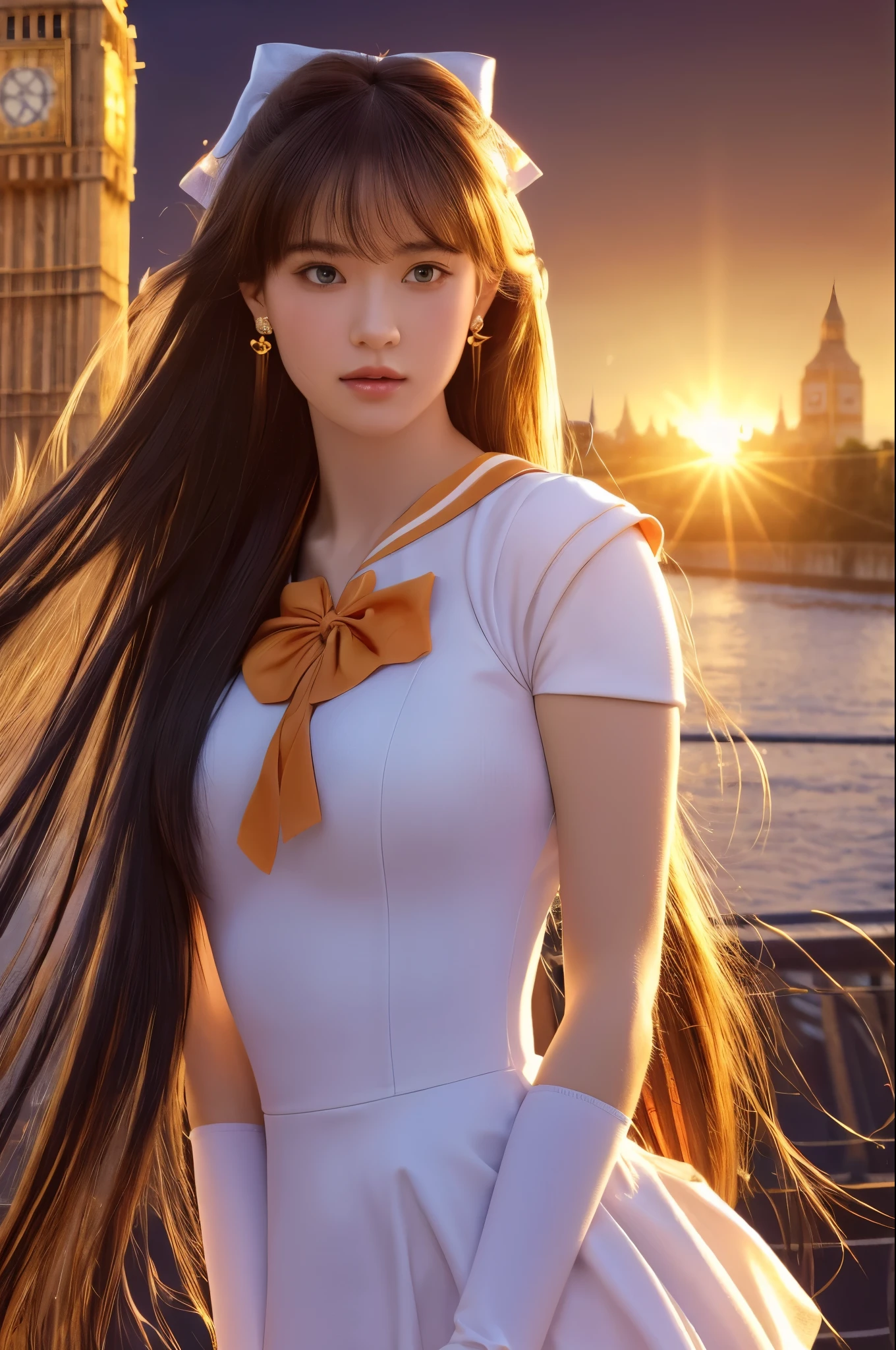 (solo, 1girl), (absurdres, highres, official wallpaper, poster), (masterpiece, best quality:1.2), (illustration, realistic), (perfect details, highest detailed, extreme detailed), dramatic light, MinakoAino, (sailor Venus ,hair bow, elbow gloves, neck ribbon, bangs, long hair, circlet, jewelry, flower earrings), (London, elizabeth tower, street, bridge, river, sunlight,standing)