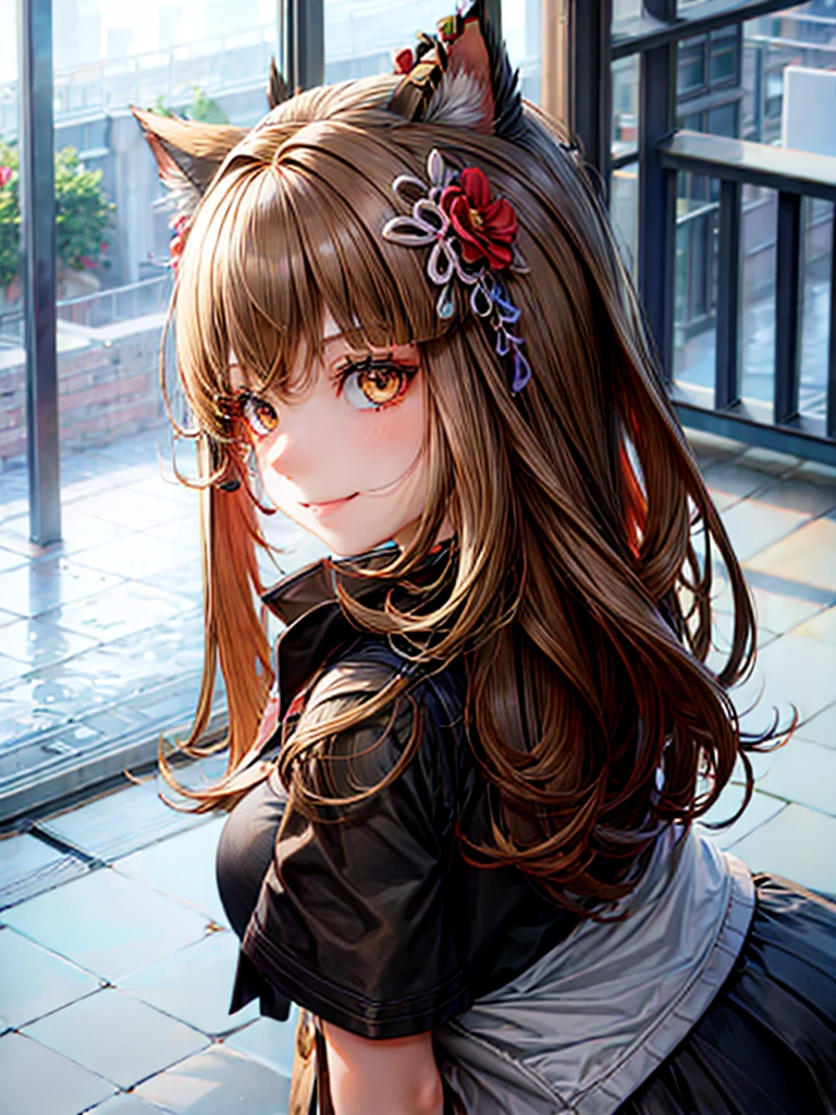 1girl, Solo, Long Hair, Looking at viewer, Brown Hair, Hair Ornament, Hair Bow, Hair Flower, Sparkle, Multiple Views, Masterpiece, Best Quality, cat ears, adult, adult woman, cat girl, brown eyes  ,smiling, happy,school uniform, sexy