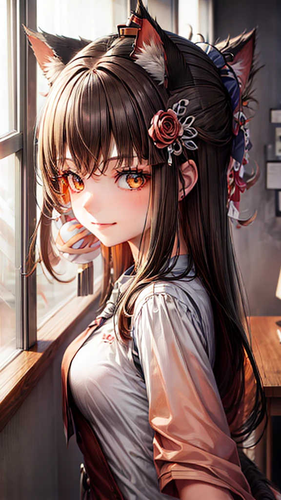 1girl, Solo, Long Hair, Looking at viewer, Brown Hair, Hair Ornament, Hair Bow, Hair Flower, Sparkle, Multiple Views, Masterpiece, Best Quality, cat ears, adult, adult woman, cat girl, brown eyes  ,smiling, happy,school uniform, sexy