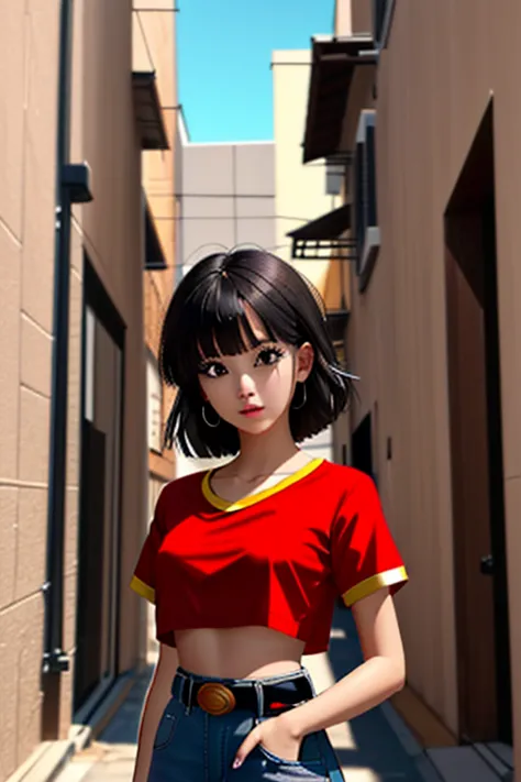 (outdoors, alley:1.3), (style-da:1), 
 pan,1girl,solo,black eyes,bangs,black hair,short hair,bandana, (red shirt:1.2),crop top,m...