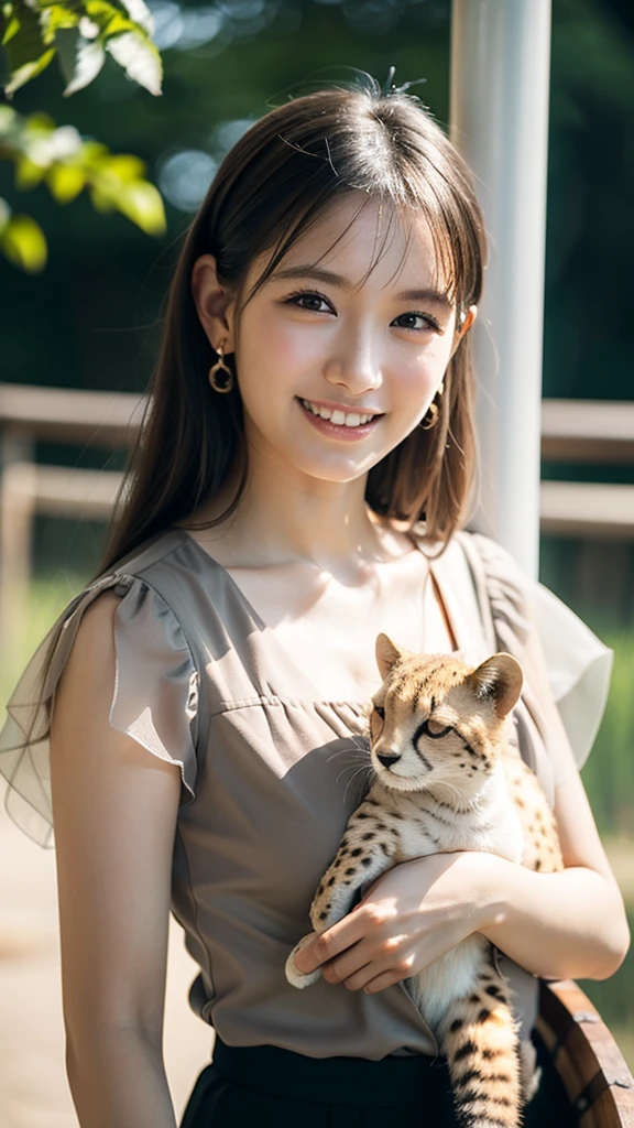 One Girl, ((Ruffled bolero blouse,Barrel Leg Cargo Pants)), (Beautiful Japanese Idol Portrait Photos), (Holding a baby cheetah at the zoo), (RAW Photos, Best Quality), (Realistic, photo-Realistic:1.4), masterpiece, 8K Portrait, Very delicate and beautiful, 非常にdetailed, 2k wallpaper, wonderful, detailed, 非常にdetailed CG unity 8k wallpaper, 非常にdetailed, High resolution, Soft Light, 美しいdetailedな女の子, 非常にdetailed eyes and face, Beautiful and sophisticated nose, Beautiful attention to detail, Cinema Lighting, Perfect Anatomy, Slender body, Small breasts, Medium Hair, (smile), Elegant pose, (Elegant and sophisticated atmosphere)