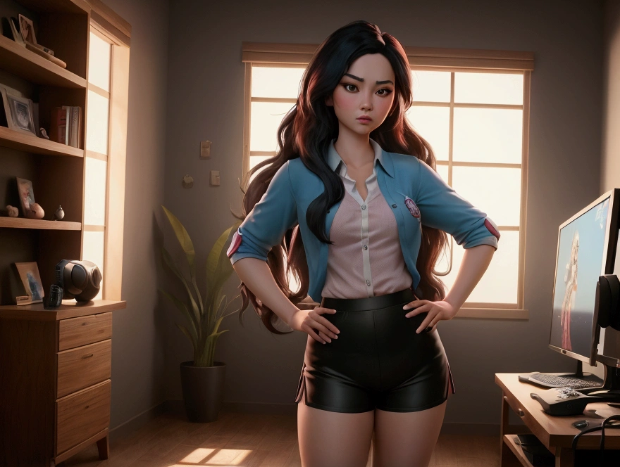 Mulan  Disney in front of the computer playing, in her gamer style room, full body, open blouse, beautiful breasts coming out between the shirt without buttons, sports uniform, mini shorts, beautiful long hair, 8k rendering, realistic hdr rendering