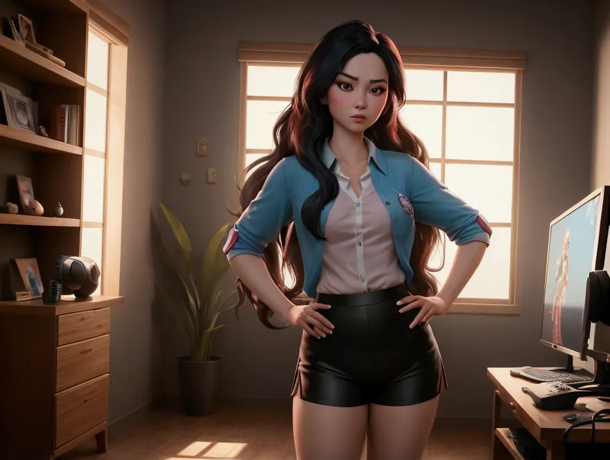 mulan  disney in front of the computer playing, in her gamer style room, full body, open blouse, beautiful breasts coming out be...