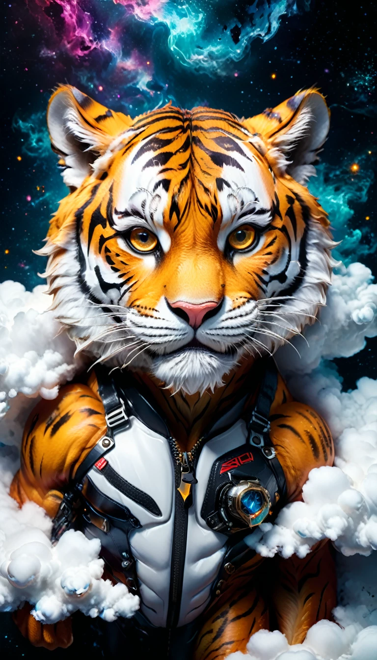 full body, Plano general, (Cute cartoon style:1.6), (((Close-up of a powerful tiger sleeping on soft clouds))), (Stylish and complete cyberpunk aviator suit:1.2), ((open head)), dark fur, epic space landscape, black holes, ((bright stars)), intricate design, bright colors, Masterpiece in maximum 16K resolution, The best quality, ultra detailed, aesthetics, absurd. HD, ultra detailed,sharp focus,(realistic,photorealistic,photo-realistic:1.37),Very detailed face,extremely detailed facial features,hyper realistic skin texture,extremely fine details,intricate details, detailed eyes,Detailed nose,detailed lips,Detailed facial expressions,intricate facial anatomy,bright lighting, Dramatic lighting,changing lighting,cinematic lighting,chiaroscuro lighting,dramatic shadows,dramatic moments, vivid colors,intense colors,Deep contrast,cinematic depth of field,film composition,cinematic camera angle