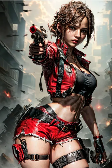 angry girl, resident evil, hair with bangs, black mini blouse, red mini jacket, mini shorts,  holding gun  , destroyed city in t...