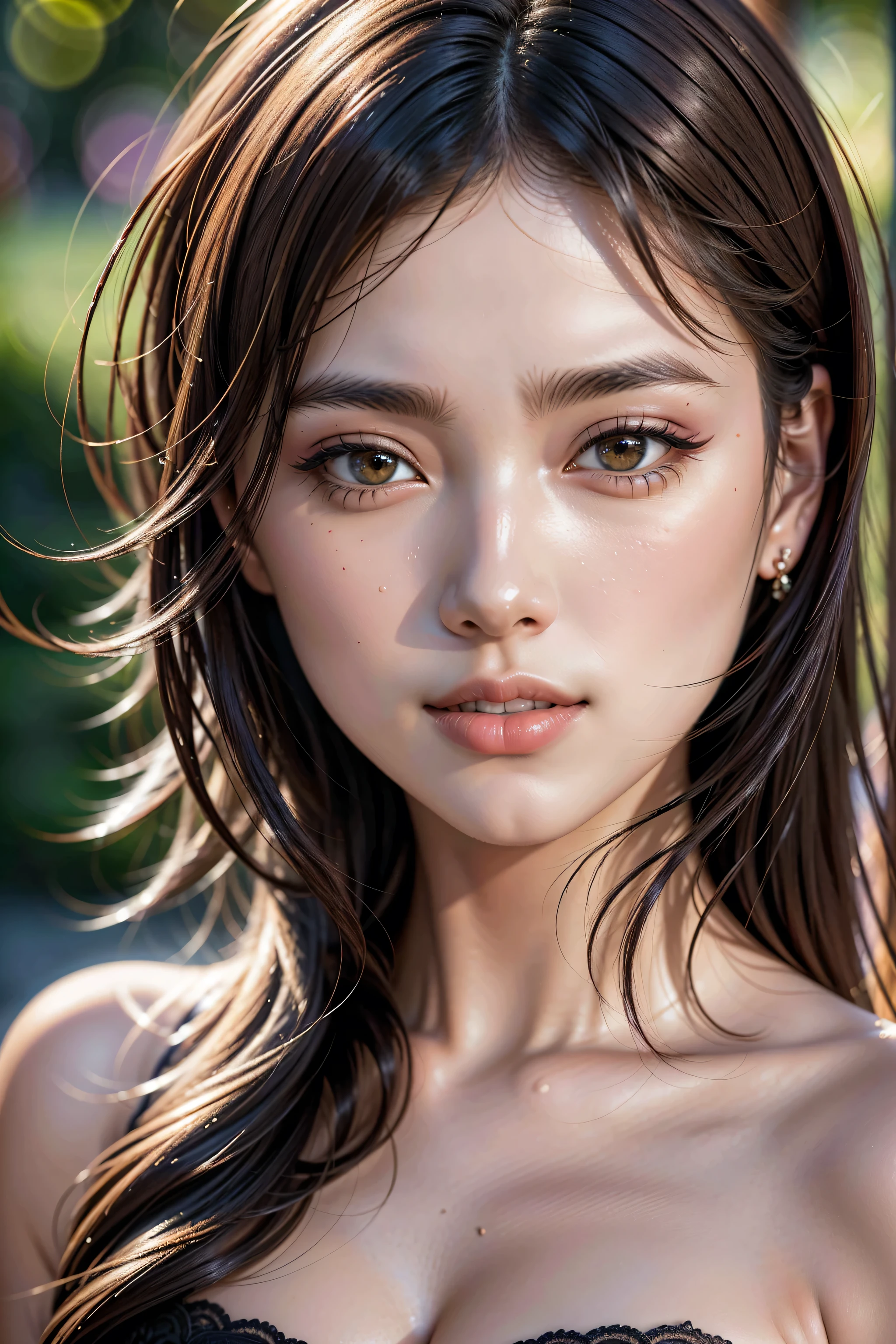 Realistic (photorealistic Realism 16K Quality), (high resolution), ((intricately detailed digital art)), (ultra realistic texture details: velvety skin, hair), (ultra quality), professional photography, (glamour shot of Japanese woman), ultra details,UHD, Thin eyebrows, Carefully draw eyelashes, Eyelash extensions, Gal Makeup, realistic dull skin noise, visible skin detail, skin fuzz, dry skin, The attention to detail, satisfaction smile, soft lighting, sharp focus captured by Fujifilm XT3, f 5.6, in a dramatic lighting, (perfect composition), (outside,an park full flowers),(random u%u top:1.35), exquisite balance of shadows,perfect composition, look at the viewer, 