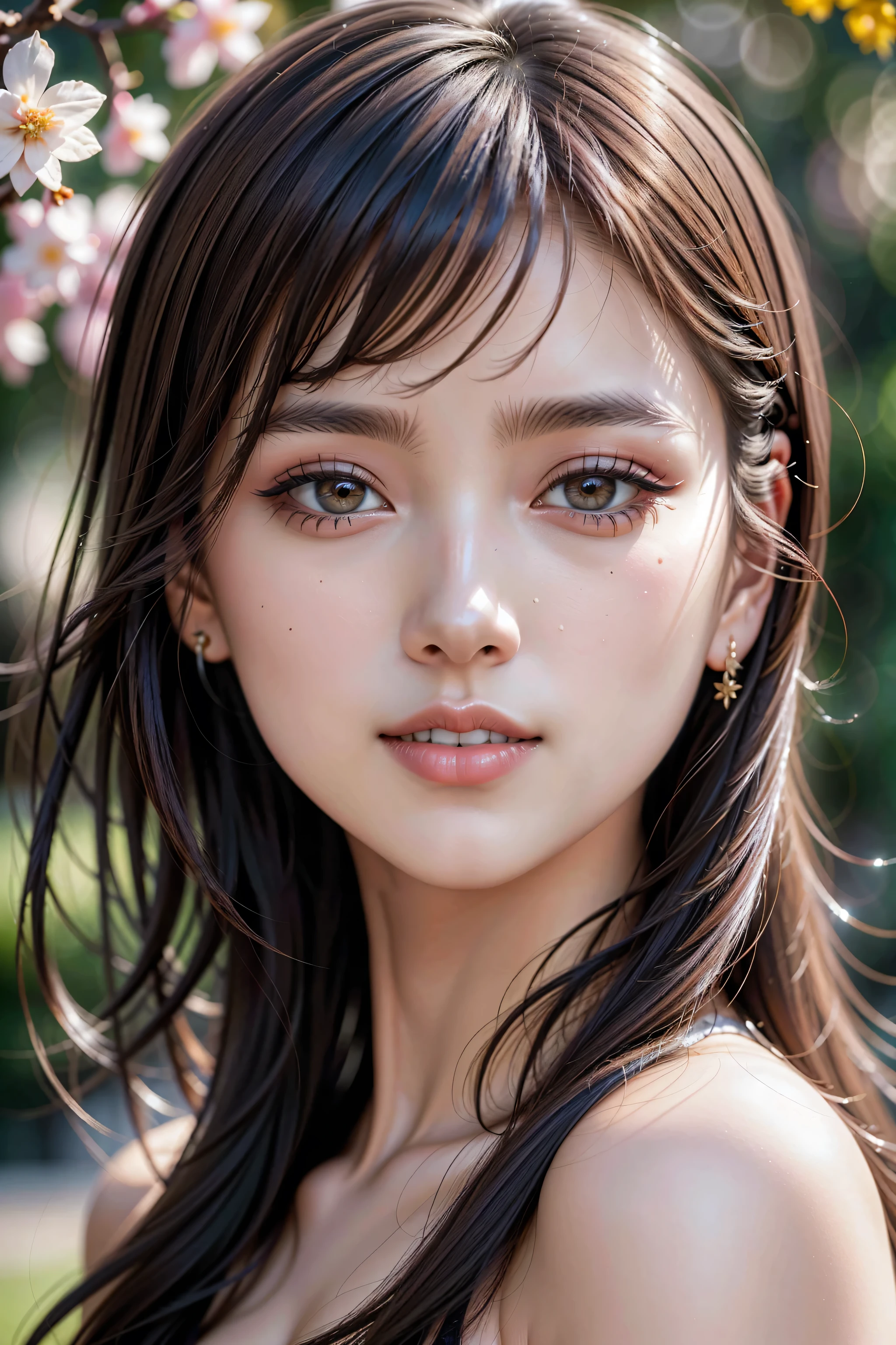 Realistic (photorealistic Realism 16K Quality), (high resolution), ((intricately detailed digital art)), (ultra realistic texture details: velvety skin, hair), (ultra quality), professional photography, (glamour shot of Japanese woman), ultra details,UHD, Thin eyebrows, Carefully draw eyelashes, Eyelash extensions, Gal Makeup, realistic dull skin noise, visible skin detail, skin fuzz, dry skin, The attention to detail, satisfaction smile, soft lighting, sharp focus captured by Fujifilm XT3, f 5.6, in a dramatic lighting, (perfect composition), (outside,an park full flowers),(random u%u top:1.35), exquisite balance of shadows,perfect composition, look at the viewer, 