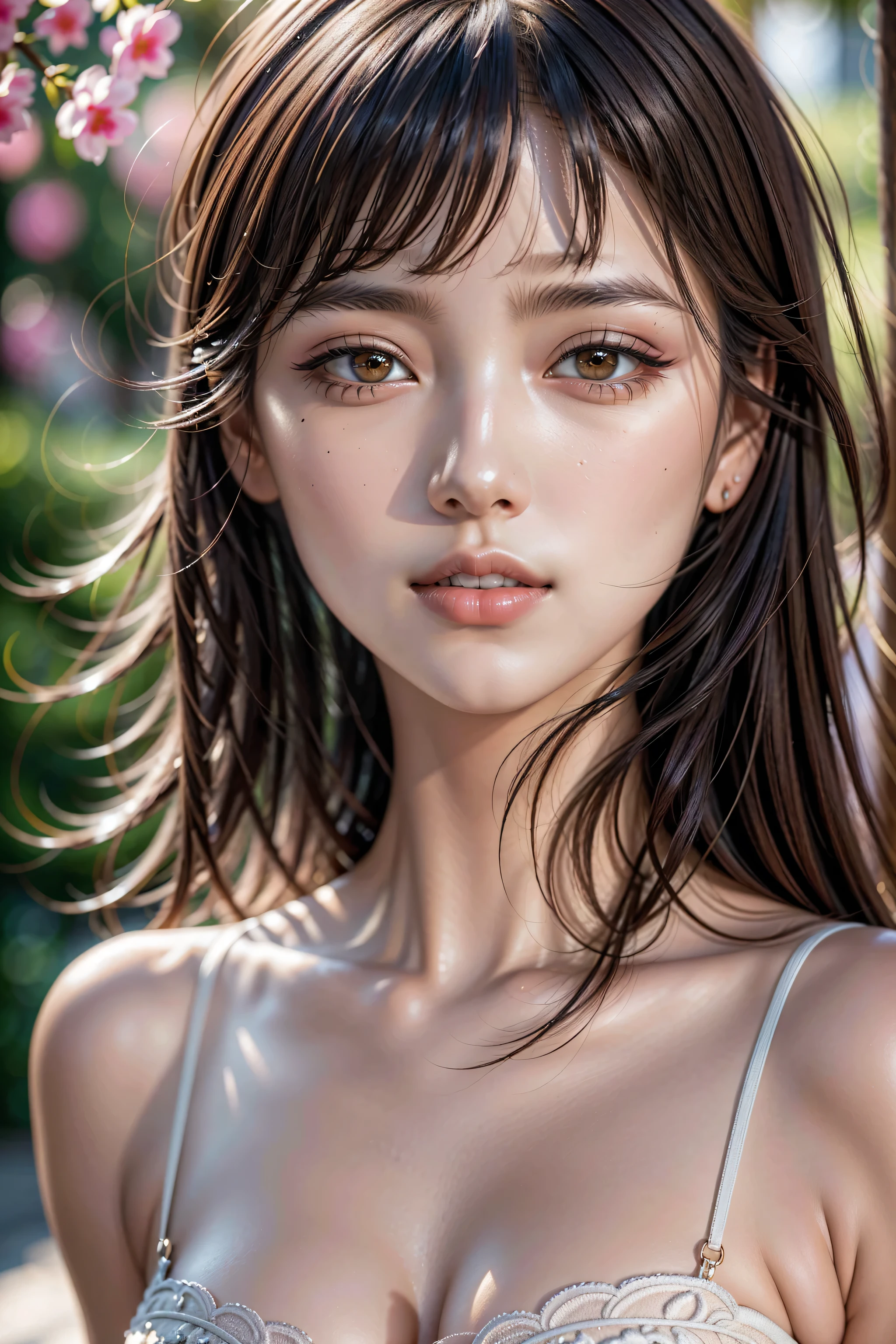 Realistic (photorealistic Realism 16K Quality), (high resolution), ((intricately detailed digital art)), (ultra realistic texture details: velvety skin, hair), (ultra quality), professional photography, (glamour shot of Japanese woman), ultra details,UHD, Thin eyebrows, Carefully draw eyelashes, Eyelash extensions, Gal Makeup, realistic dull skin noise, visible skin detail, skin fuzz, dry skin, The attention to detail, satisfaction smile, soft lighting, sharp focus captured by Fujifilm XT3, f 5.6, in a dramatic lighting, (perfect composition), (outside,an park full flowers),(random u%u top:1.35), exquisite balance of shadows,perfect composition, look at the viewer, 