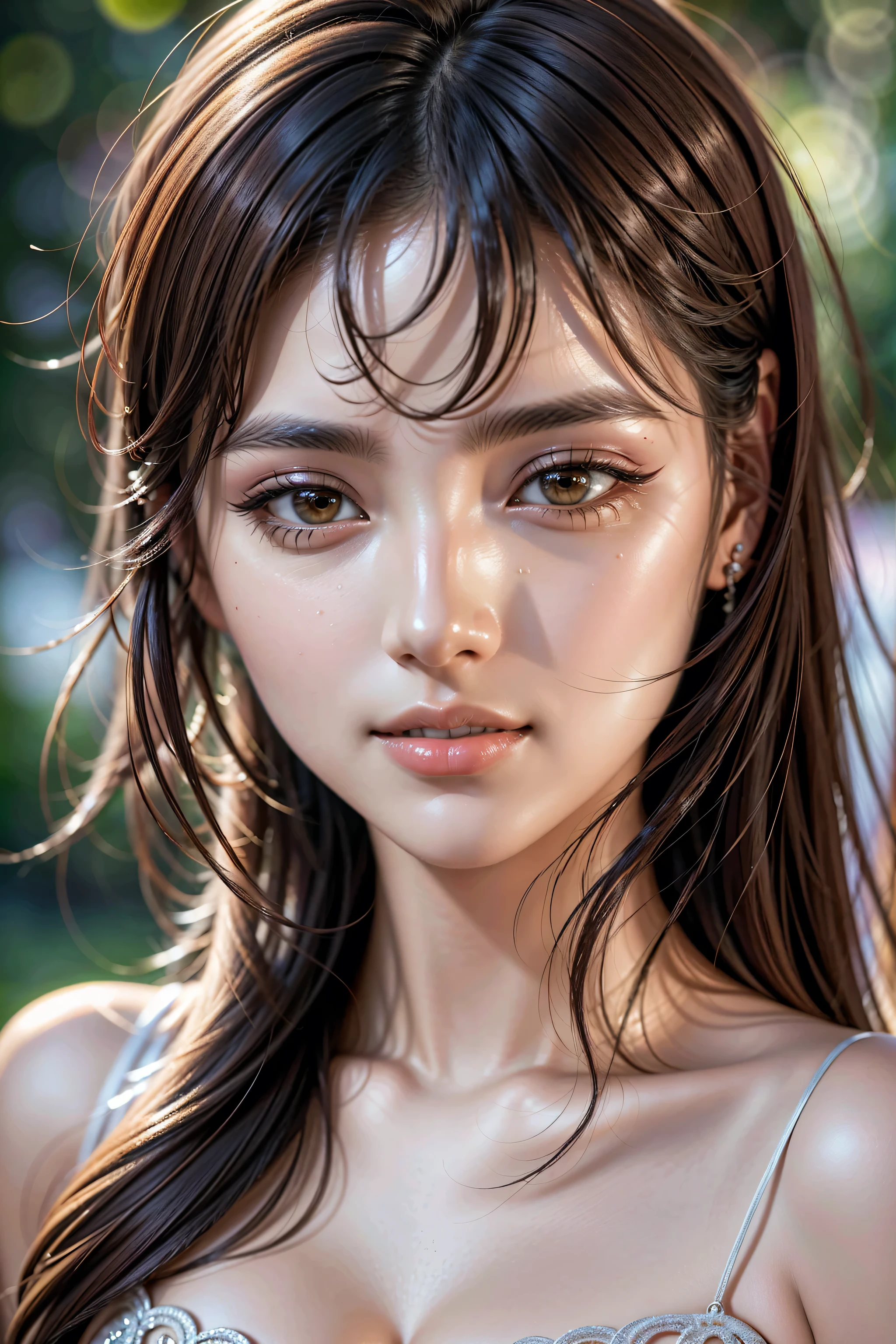 Realistic (photorealistic Realism 16K Quality), (high resolution), ((intricately detailed digital art)), (ultra realistic texture details: velvety skin, hair), (ultra quality), professional photography, (glamour shot of Japanese woman), ultra details,UHD, Thin eyebrows, Carefully draw eyelashes, Eyelash extensions, Gal Makeup, realistic dull skin noise, visible skin detail, skin fuzz, dry skin, The attention to detail, satisfaction smile, soft lighting, sharp focus captured by Fujifilm XT3, f 5.6, in a dramatic lighting, (perfect composition), (outside,an park full flowers),(random u%u top:1.35), exquisite balance of shadows,perfect composition, look at the viewer, 