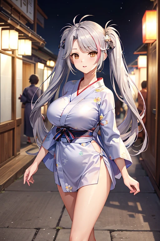 (((Upper Body、Cute Yukata、Shoot from the front))、((Accentuate your breasts、walk、Long legs)))、Best Quality, 8k, masterpiece :1.3)), whole body, Sharp focus :One Girl,Glowing Skin,Sexy pose,Best Quality,Tabletop,shape,Very delicate and beautiful,Huh,8K wallpaper,wonderful,detailed,Official Art,非常にdetailedなティッカーUnity 8K wallpaper,Unbelievably ridiculous,Large file size,非常にdetailedな,High resolution,非常にdetailed,美しいdetailedな女の子,Realistic,X-ray,Queue full,(((Cute Yukata、walk)))、(((Big Breasts、Silver Hair)))、(((Hot Spring Town、Date、night、festival)))、upright、Cleavage , ((Silver long hair))、Beautiful legs、、Hairstyle: Twin tails、Cute Yukata