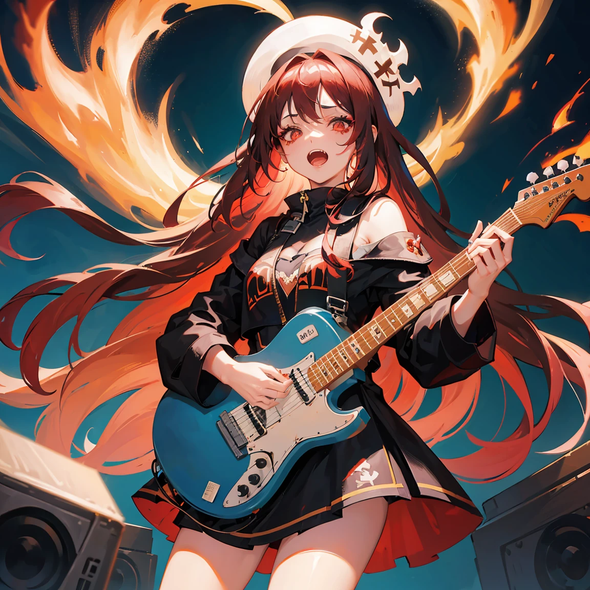 a girl, with long red hair,the strands of her hair are dyed black, her face is painted white, and near the eyes painted black, she is playing guitar at a concert,she is screaming ,all excited with a crazy look ,In the background of the show, behind the viewer, flames and skulls are coming out around the character., her clothing style and Rockeira&#39;s short clothing.