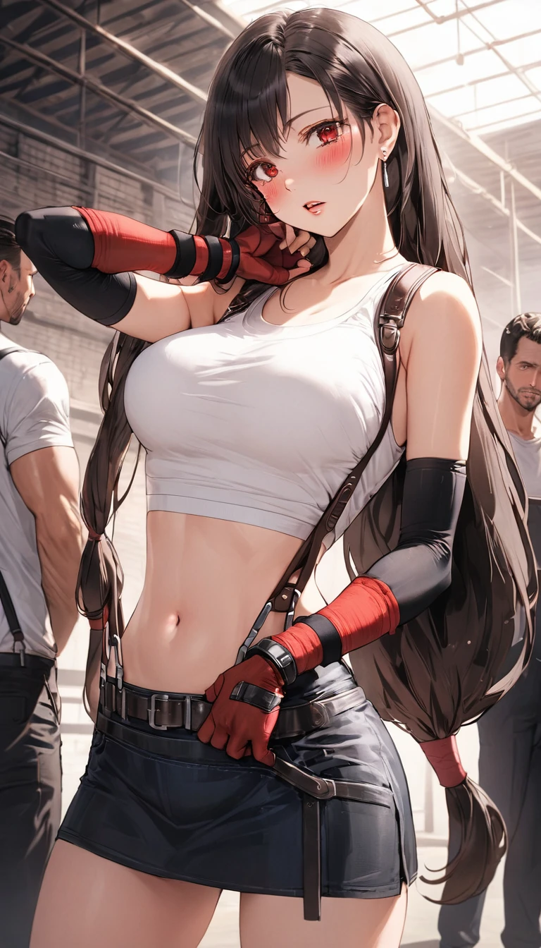 masterpiece, best quality, 1girl, defTifa, crying with eyes open, blush, parted lips, red eyes, low-tied long hair, earrings, white crop top, suspenders, arm warmers, red gloves, seductive pose, sexy pose, cowboy shot, standing among men, warehouse, hands behind back