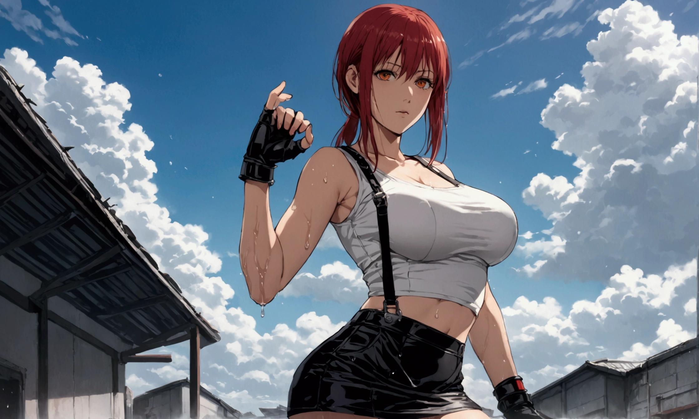 Makima from chainsaw man, red hair, detailed eye, (masterpiece, best quality:1.2), full body, tifa lockhart, final fantasy, white crop top, elbow pad, fingerless gloves, suspenders, sexy look, short skirt, miniskirt, pencil skirt, big breast, wet,