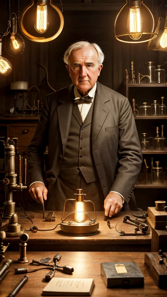 A portrait of Thomas Edison in his laboratory, surrounded by lamps and tools, with a given expression.