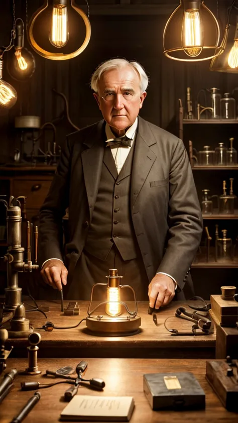 a portrait of thomas edison in his laboratory, surrounded by lamps and tools, with a given expression.