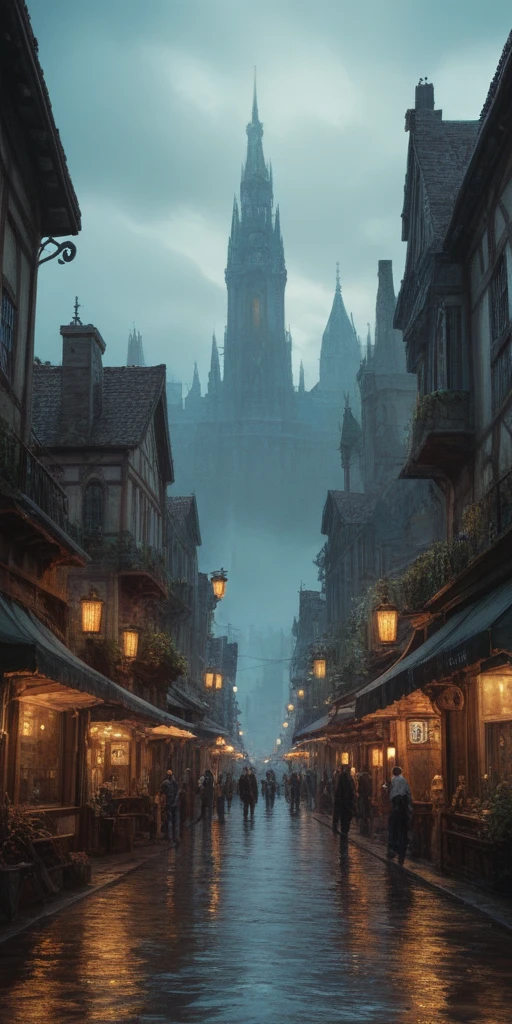 score_9, score_8_up, score_7_up, a fantasy city ,illustration, dark and moody lighting, digital art, oil painting, fantasy, 8 k, trending on artstation, detailed