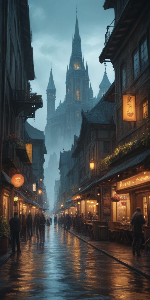 score_9, score_8_up, score_7_up, a fantasy city ,illustration, dark and moody lighting, digital art, oil painting, fantasy, 8 k, trending on artstation, detailed