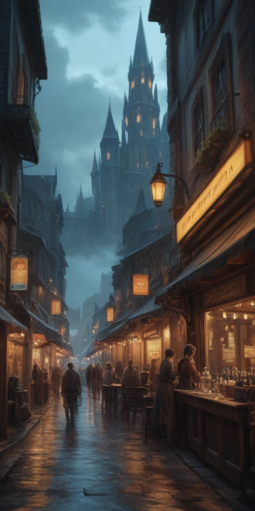 score_9, score_8_up, score_7_up, a fantasy city ,illustration, dark and moody lighting, digital art, oil painting, fantasy, 8 k, trending on artstation, detailed