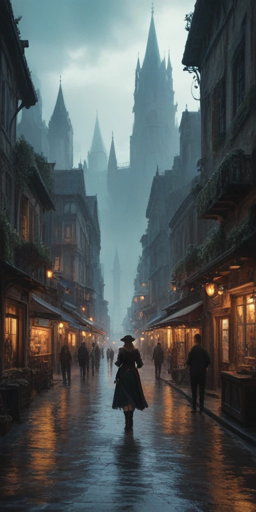 score_9, score_8_up, score_7_up, a fantasy city ,illustration, dark and moody lighting, digital art, oil painting, fantasy, 8 k, trending on artstation, detailed