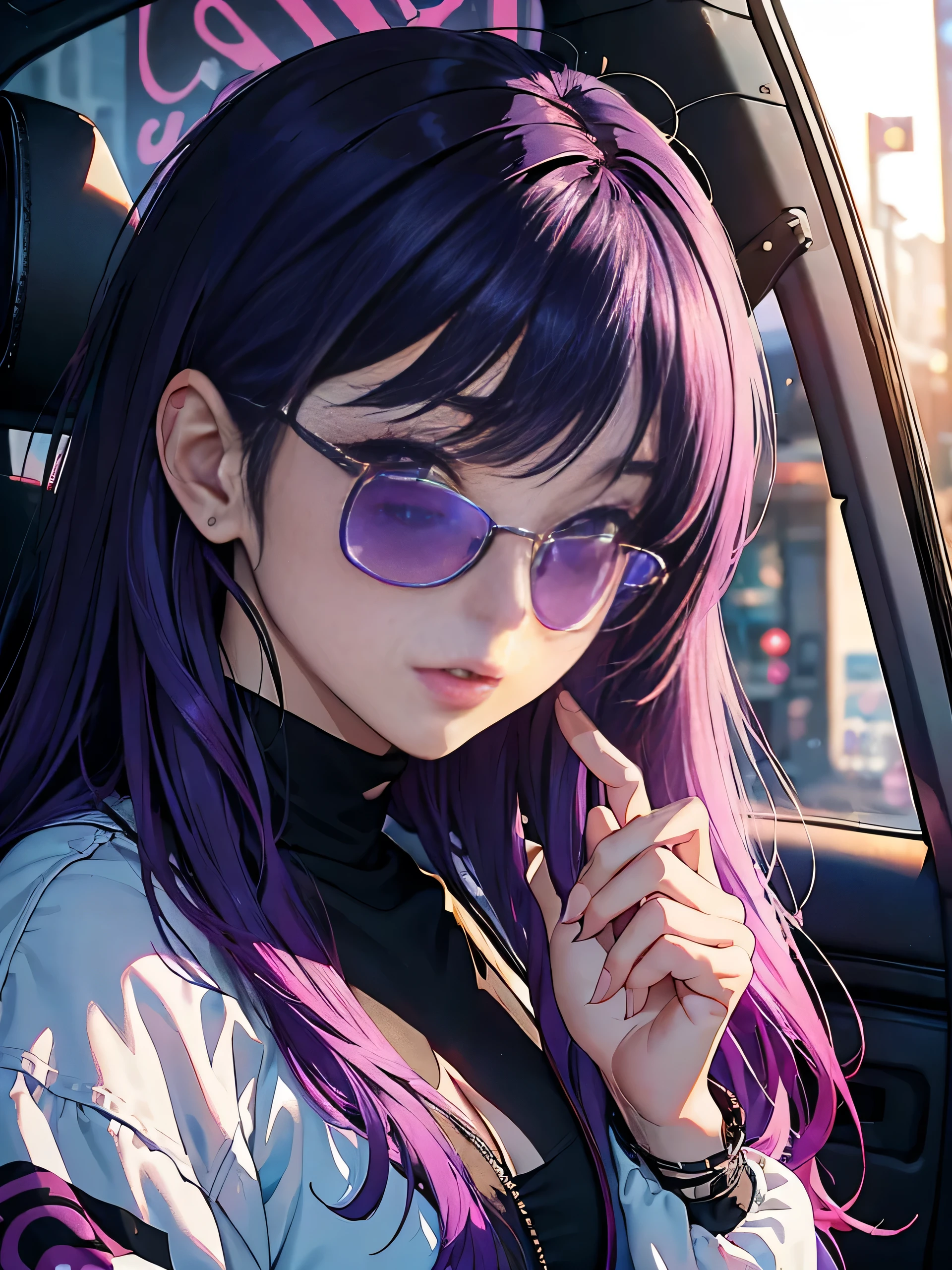 magenta tint、vivd colour、((masterpiece)))、(((top-quality)))、((ultra - detailed))、(Surreal)、(Very detailed CG illustration）、Komi Shouko、Purple hair、purple eyes、sunglasses、offcial art、CD cover、It will be、midsummer、Funky、The glorious 1980s、Cool beauty、cochetti gorgeous、incomparable beauty、Colorful hair、rock music、jaqueta de couro、Superskirt、Women only、perfect angle、Perfectcomposition、