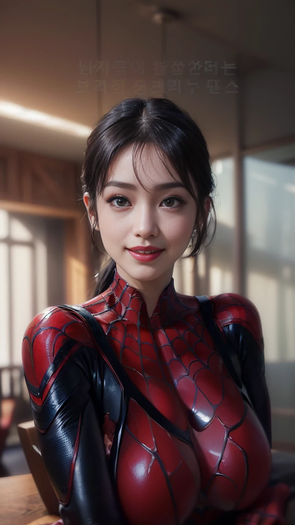 Photorealistic, (close-up:1.4, exposed face), ((wide angle, seen from below):1.4), ((facing forward, front to front):1.4), in frame, a japanese young girl, ((wearing spiderman black suit, premium latex material):1.3), ((spiderman likeness:1.4)), a ((exposed sagging big breast):1.43), high detailed digital artwork, ((beautiful girls with slim body and skinny body posture, brunette hair in ponytail, cute face, small nose, smile, sensual lips):1.3), attractive woman, sexy pose, hand on waist, bokeh background, ((light color, daylight atmosphere):1.2)