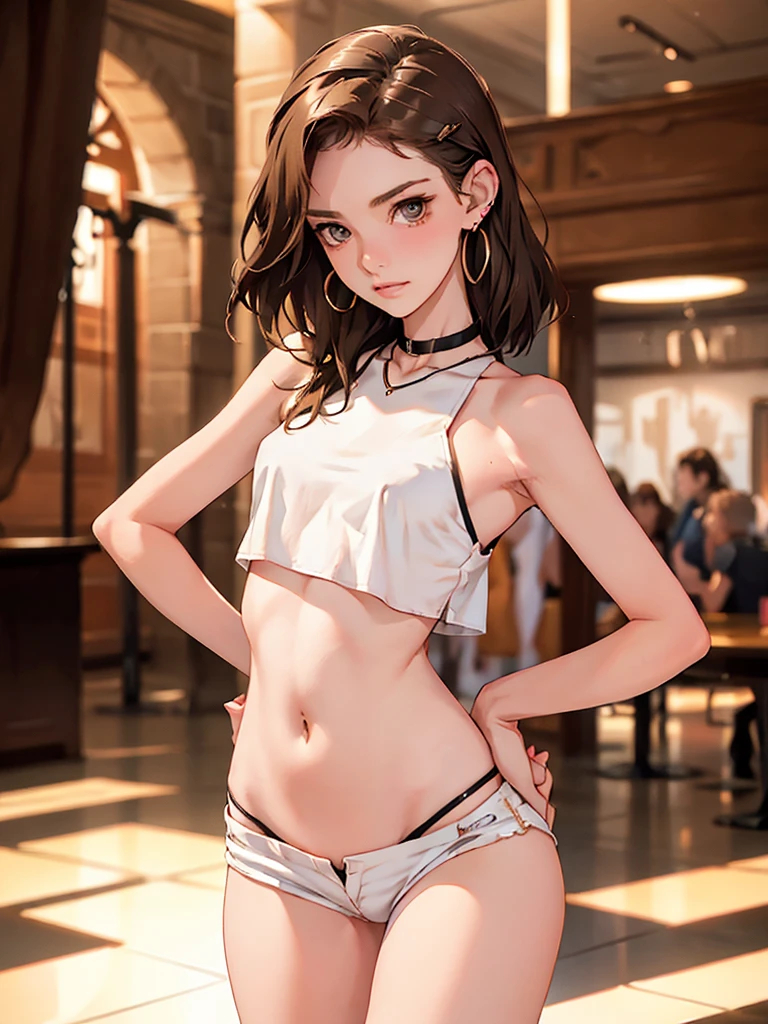 (masterpiece), best quality, expressive eyes, perfect face, nightclub background), (standing), (smirk), (closeup view), (1girl, blaire ivory,  brown hair ,slender figure, thin body, skinny body, petite_body, medium breasts, slim thighs, long fingernails, ,white shorts, crop top, thong straps, hoop earrings, miscellaneous jewelry, slutty)), slim hips