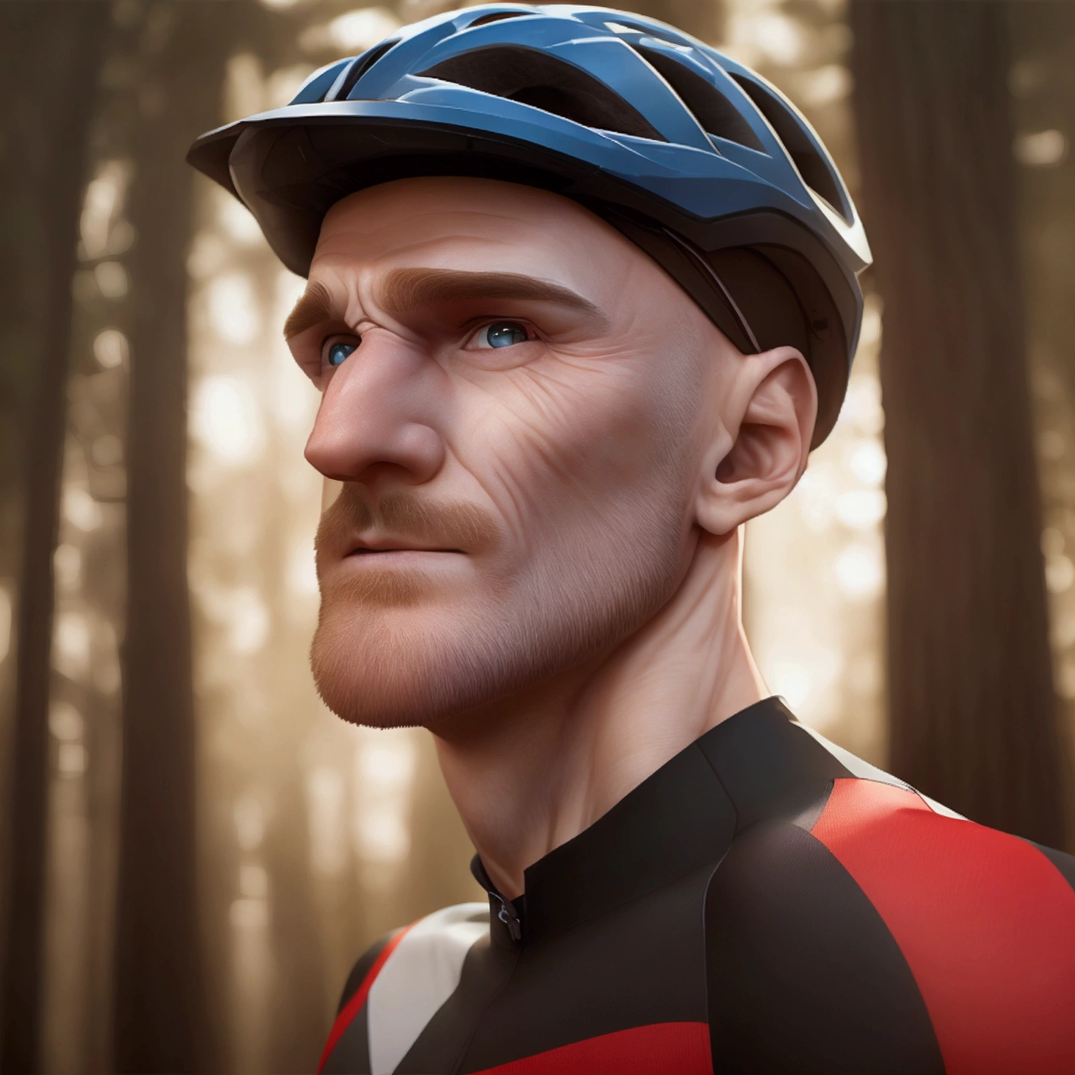 Cinematic movie-poster: Full body portrait of a giant Colm Feore standing in a a forest, red hair, freckles, extremly handsome middle-aged face, slender muscles, he's wearing a tight fitted cycling jersey singlet with tight cycling shorts, wearing a bicycle helmet, he has a very big crotch bulge indicating that he is very well endowed, protruding crotch bulge, large feet, his legs are in frame, titan, homoerotic, towering figure, enormously tall, long torso, long legs, sharp teeth, pale skin, chalk-white skin, beard, veiny arms, scaly face, scars across his torso, dark black eyes, defined muscles, zatyr-legs, , big muscles, low body-fat, small nipples, athletic build, masculine, brooding, stunning details, stunning photography, 4k quality, high resolution, high definition, cinematic, we see the entire body of the man in the photo, hyper detailed face, hyper clear face