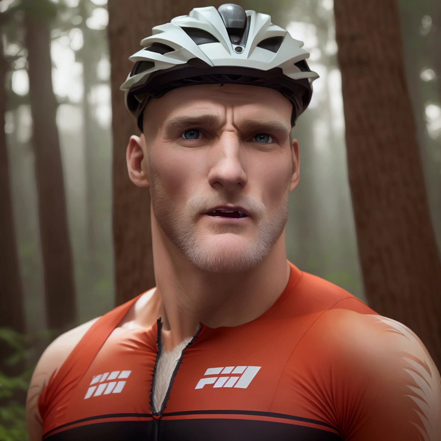 Cinematic movie-poster: Full body portrait of a giant Colm Feore standing in a a forest, red hair, freckles, extremly handsome middle-aged face, slender muscles, he's wearing a tight fitted cycling jersey singlet with tight cycling shorts, wearing a bicycle helmet, he has a very big crotch bulge indicating that he is very well endowed, protruding crotch bulge, large feet, his legs are in frame, titan, homoerotic, towering figure, enormously tall, long torso, long legs, sharp teeth, pale skin, chalk-white skin, beard, veiny arms, scaly face, scars across his torso, dark black eyes, defined muscles, zatyr-legs, , big muscles, low body-fat, small nipples, athletic build, masculine, brooding, stunning details, stunning photography, 4k quality, high resolution, high definition, cinematic, we see the entire body of the man in the photo, hyper detailed face, hyper clear face