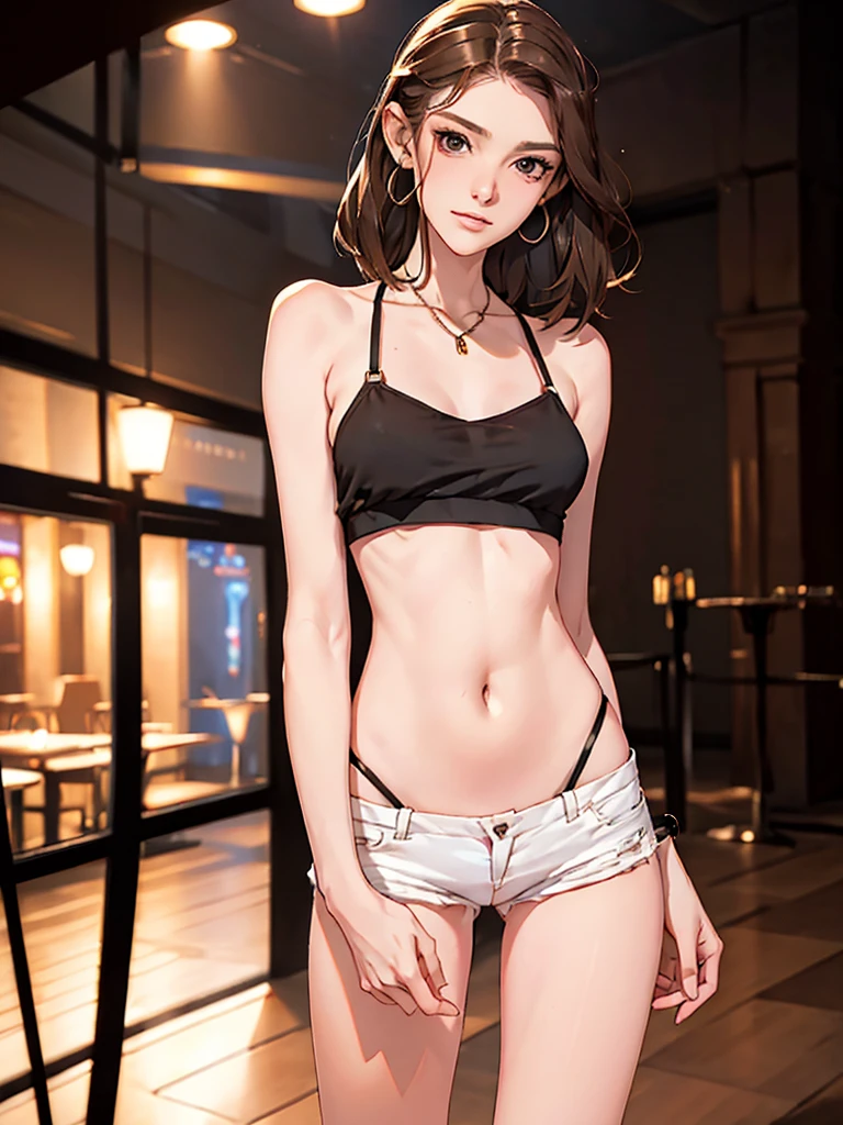 (masterpiece), best quality, expressive eyes, perfect face, nightclub background), (standing), (smirk), (closeup view), (1girl, blaire ivory, mature woman, brown hair ,slender figure, thin body, skinny body, petite_body, medium breasts, slim thighs, long fingernails, ,white shorts, crop top, thong straps, hoop earrings, miscellaneous jewelry, slutty)), slim hips