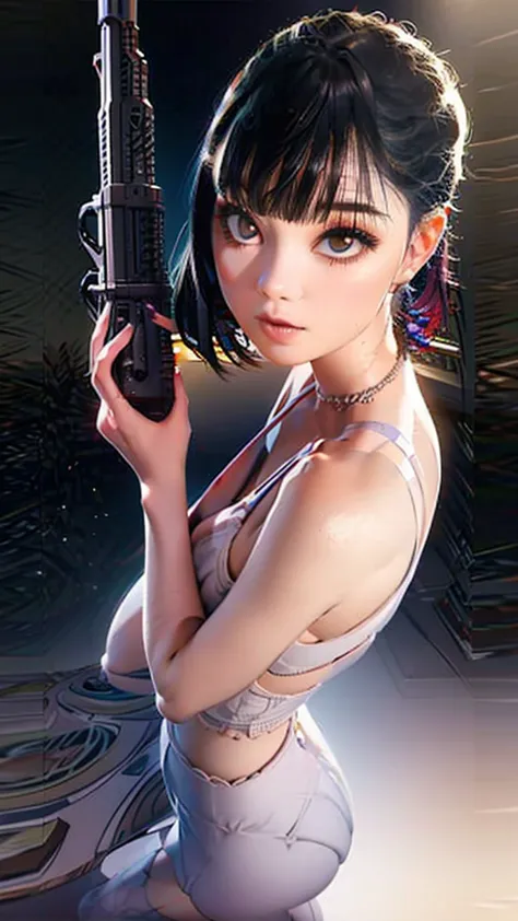 a beautiful pin-up girl, holding an assault rifle, in a low angle view, dynamic pose, detailed facial features,waist up, halfbod...