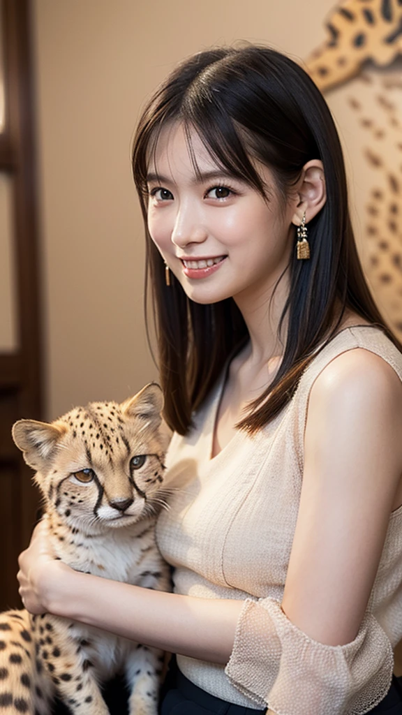 One Girl, ((Ruffled bolero blouse,Barrel Leg Cargo Pants)), (Beautiful Japanese Idol Portrait Photos), (Holding an adorable baby cheetah at the zoo), (RAW Photos, Best Quality), (Realistic, photo-Realistic:1.4), masterpiece, 8K Portrait, Very delicate and beautiful, 非常にdetailed, 2k wallpaper, wonderful, detailed, 非常にdetailed CG unity 8k wallpaper, 非常にdetailed, High resolution, Soft Light, 美しいdetailedな女の子, 非常にdetailed eyes and face, Beautiful and sophisticated nose, Beautiful attention to detail, Cinema Lighting, Perfect Anatomy, Slender body, Small breasts, Medium Hair, (smile), Elegant pose, (Elegant and sophisticated atmosphere)