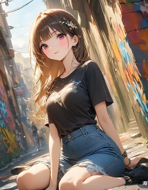 fashion girl,black sport shirt, wariza, street graffiti, (extremely delicate and beautiful: 1.2), movie angle,(beautiful details...