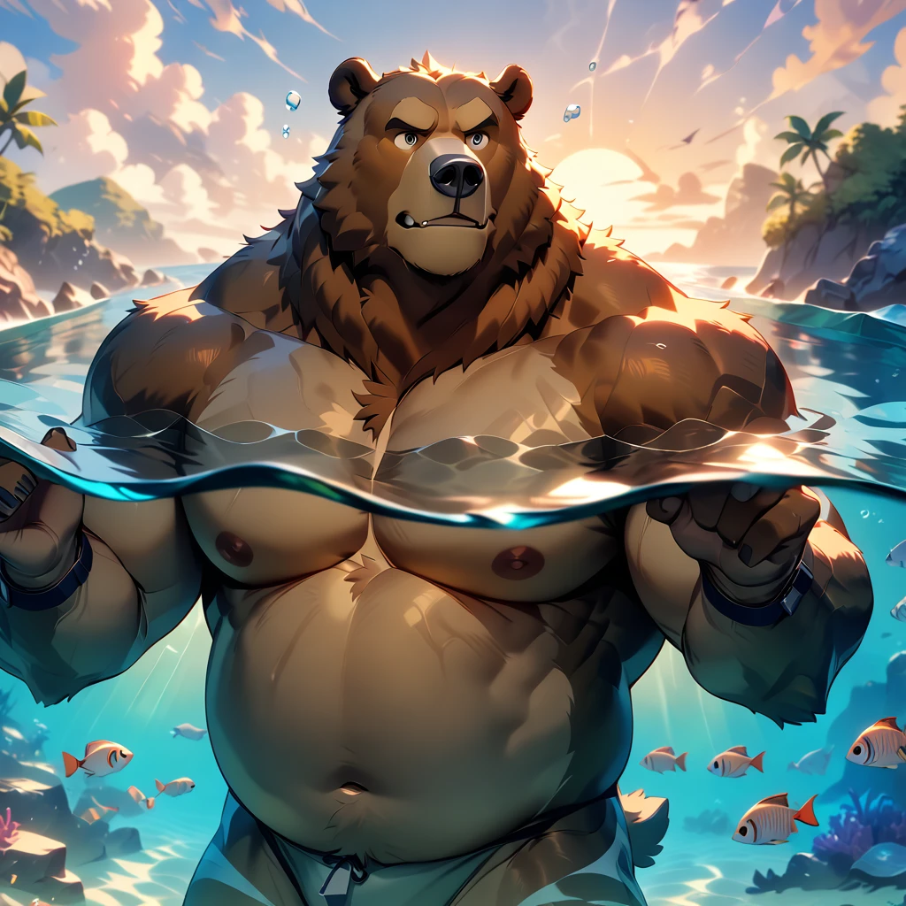 masterpiece, best quality, very aesthetic, absurdres, BREAK noise reduction, BREAK very high resolution, large filesize, BREAK insanity detailed, ultra detailed, full color, BREAK digital illustration anime, super fine illustration, [face:full body:10], looking away, dynamic angle, HDR, BREAK swimmer, plump middle-aged bear man, fluffy body, hairy skin, beautiful thigh gap, BREAK beautiful foot, detailed toe, 4 toes, 4 toes nails, detailed elegant bear tail, BREAK detailed hands, 5 fingers, 5 fingers nails, BREAK aesthetic anime face, male face, big face, square jawline, detailed irises, detailed pupils, aesthetic anime eyes, brown eyes, male eyes, big eyes, male eyebrows, innocent look, beautiful beard, SimplePositiveXLv2, underwater, Snorkeling, swim breefs, snorkel, topless, BREAK [simple background::12], detailed painting landscape, sunset, sea, outdoor, BREAK Fur Affinity illustration, osukemo, kemohomo, furrymale, anthro,