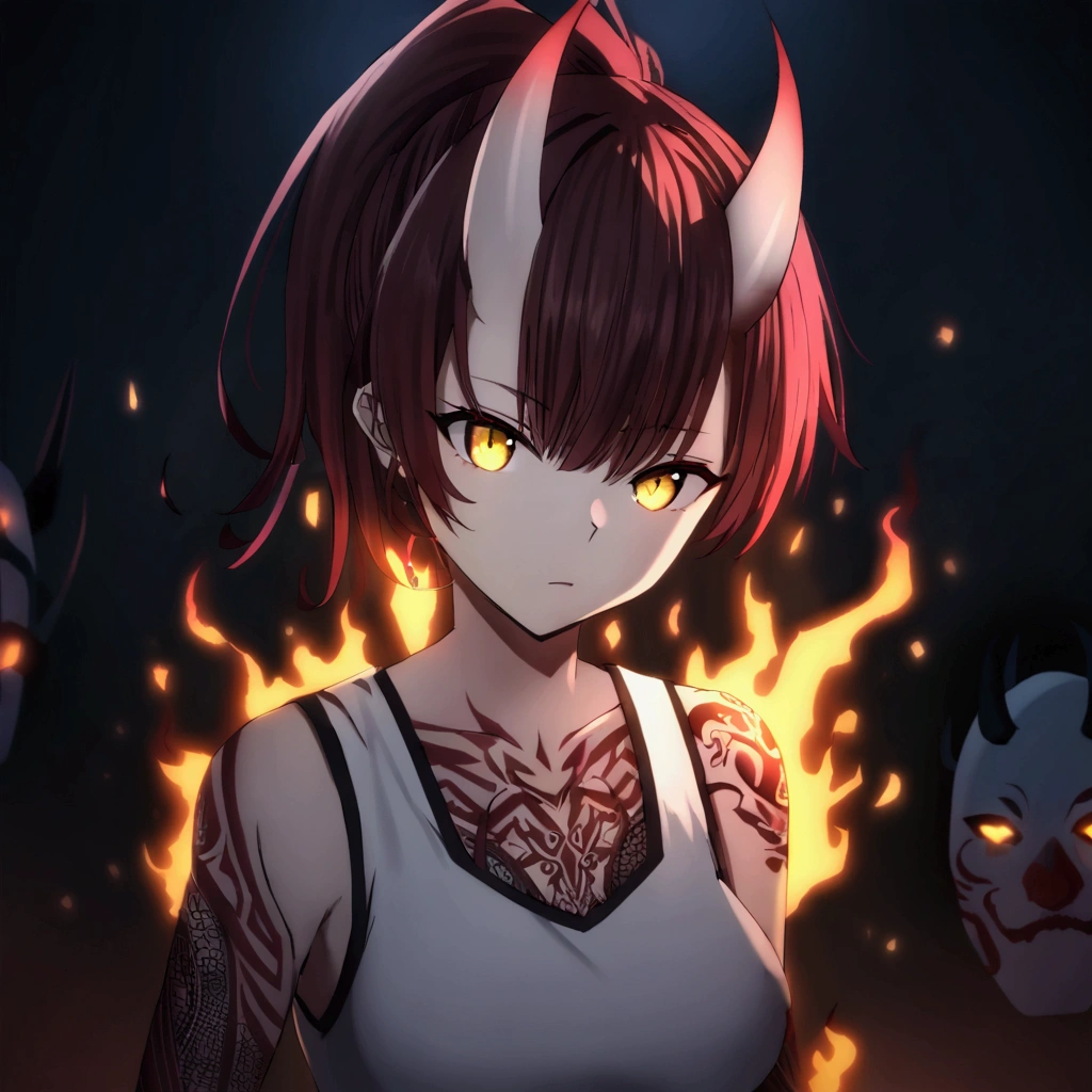 1 female, solo, upper body, (demonic anime girl:1.5), (glowing yellow eyes:1.4), (dark red hair:1.3), high ponytail, messy bangs, intense gaze, (intricate arm tattoos:1.3), white tank top, (oni masks in background:1.4), dark fantasy, (red and blue color palette:1.2), ominous atmosphere, (fiery effects:1.3), highly detailed, sharp focus, dramatic lighting, 8k resolution, smoky background, malevolent aura, contrasting colors, dynamic composition, nighttime setting