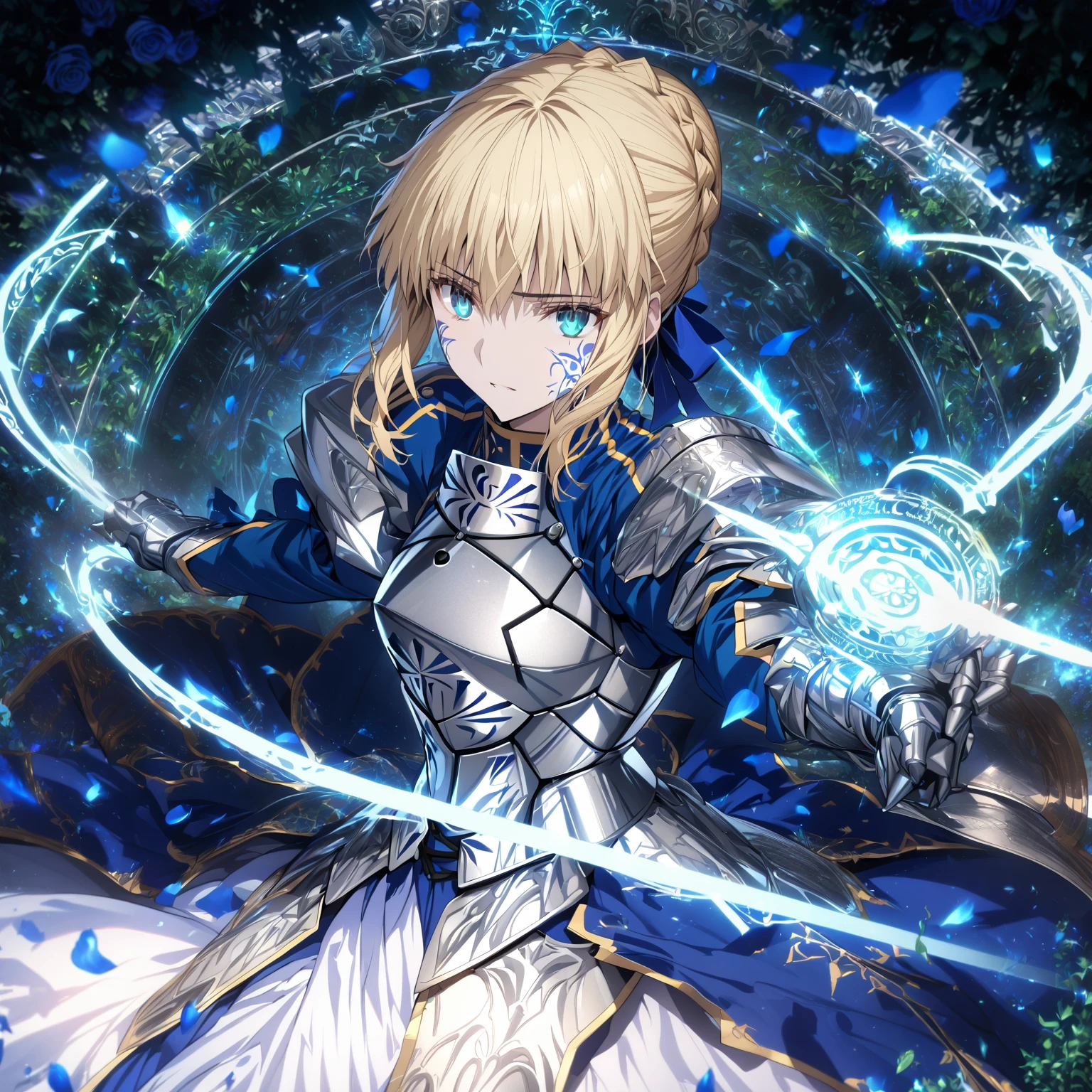 absurdres, highres, ultra detailed, HDR, master piece, best quality, extremely detailed, detailed eyes, detailed face, Artoria Pendragon, Saber, blonde hair, expressive turquoise eyes, Fate Stay Night, solo, woman, beautiful, blue dress, silver armor, magic circle, garden, green leaves, blue petals, blue roses, fantasy, magical