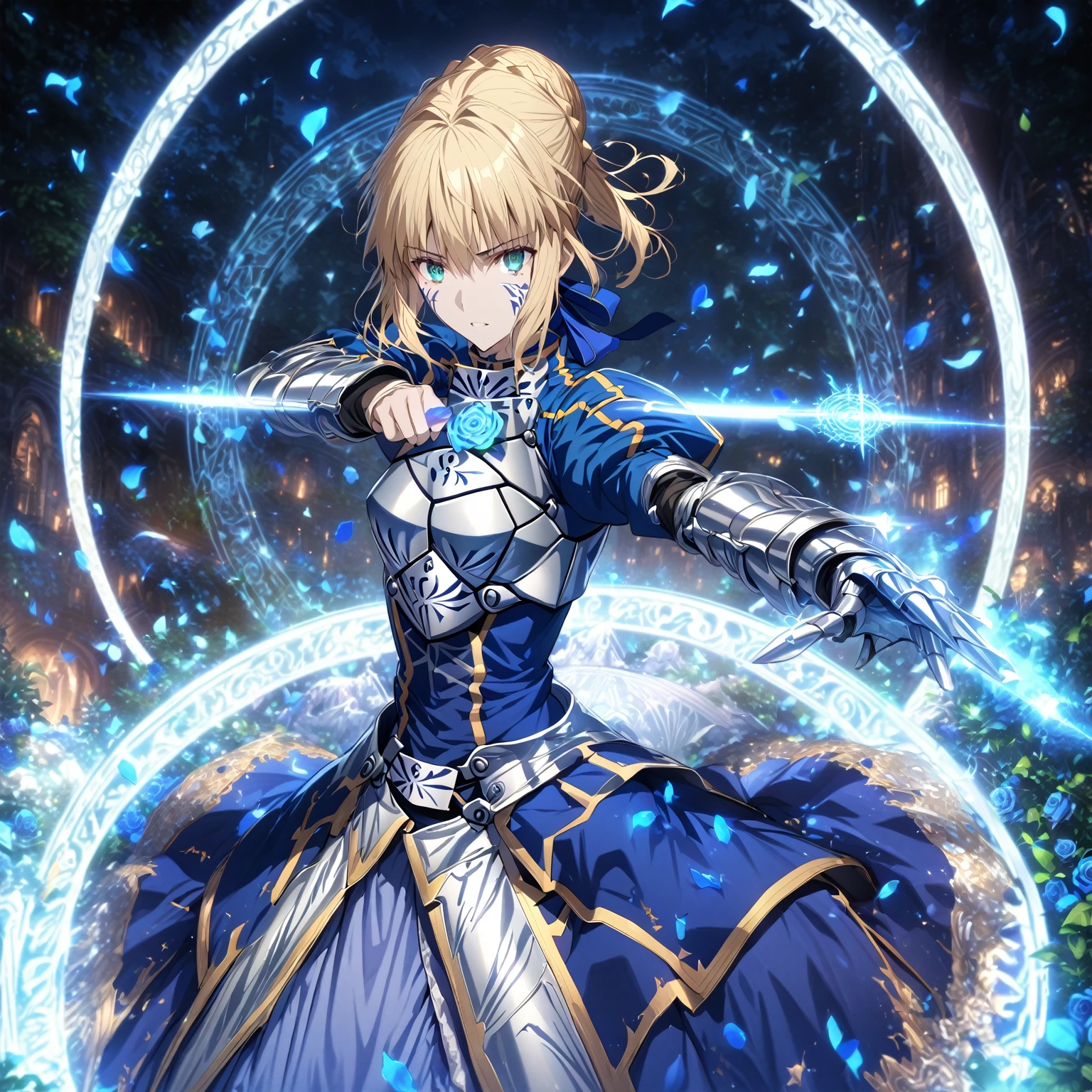 absurdres, highres, ultra detailed, HDR, master piece, best quality, extremely detailed, detailed eyes, detailed face, Artoria Pendragon, Saber, blonde hair, expressive turquoise eyes, Fate Stay Night, solo, woman, beautiful, blue dress, silver armor, magic circle, garden, green leaves, blue petals, blue roses, fantasy, magical