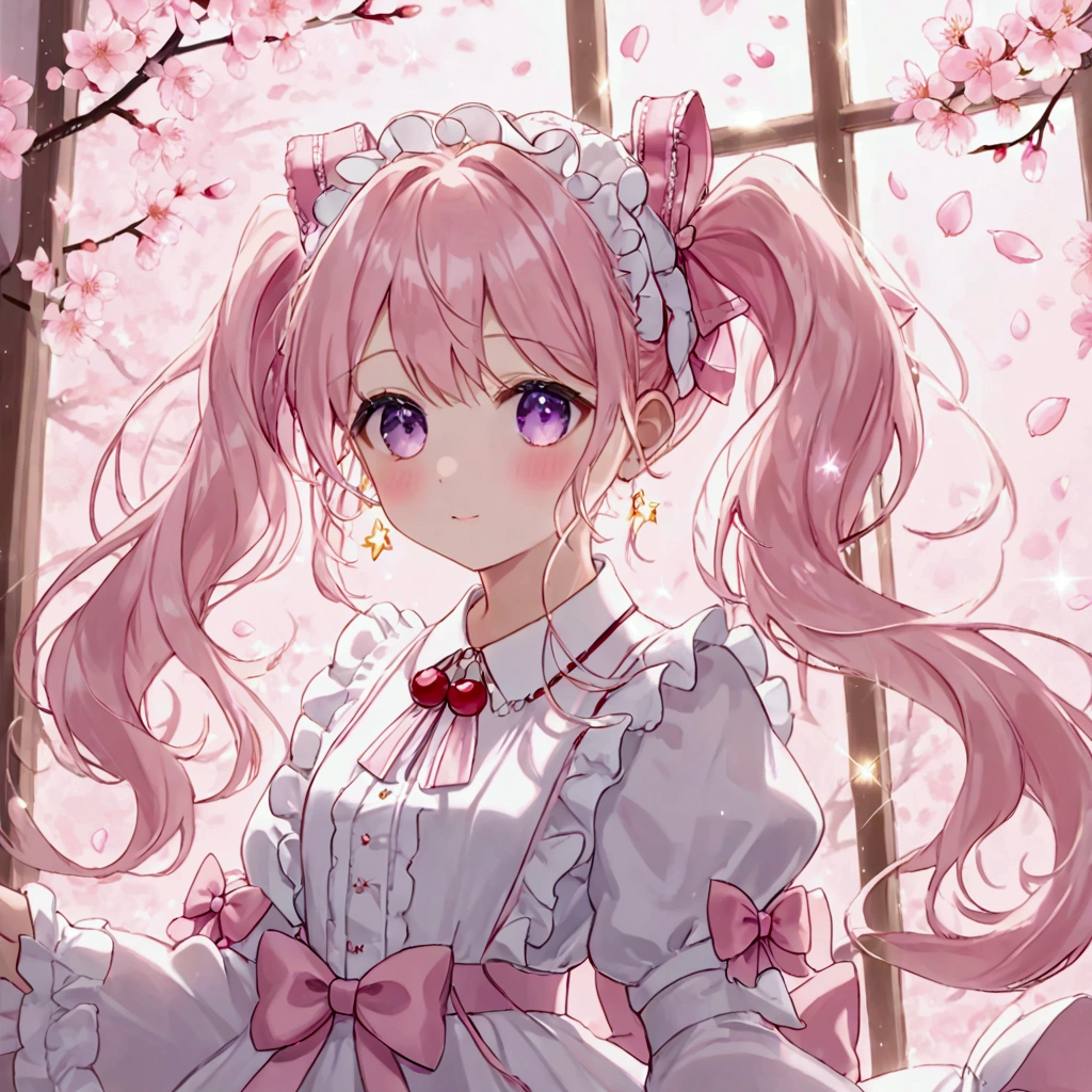 1 female, solo, upper body, (masterpiece:1.5), (kawaii), light pink hair, very long flowing hair, twin tails, white rabbit ears, large purple eyes, (sparkly eyes:1.4), blush, soft smile, white and pink lolita dress, pink bow, frilly collar, (cherry blossom petals:1.2), window frame, soft pastel colors, (ethereal lighting:1.4), bokeh background, dreamy atmosphere, spring season, butterflies, delicate details, moe aesthetic, (depth of field:1.2), gentle gradient, high detail