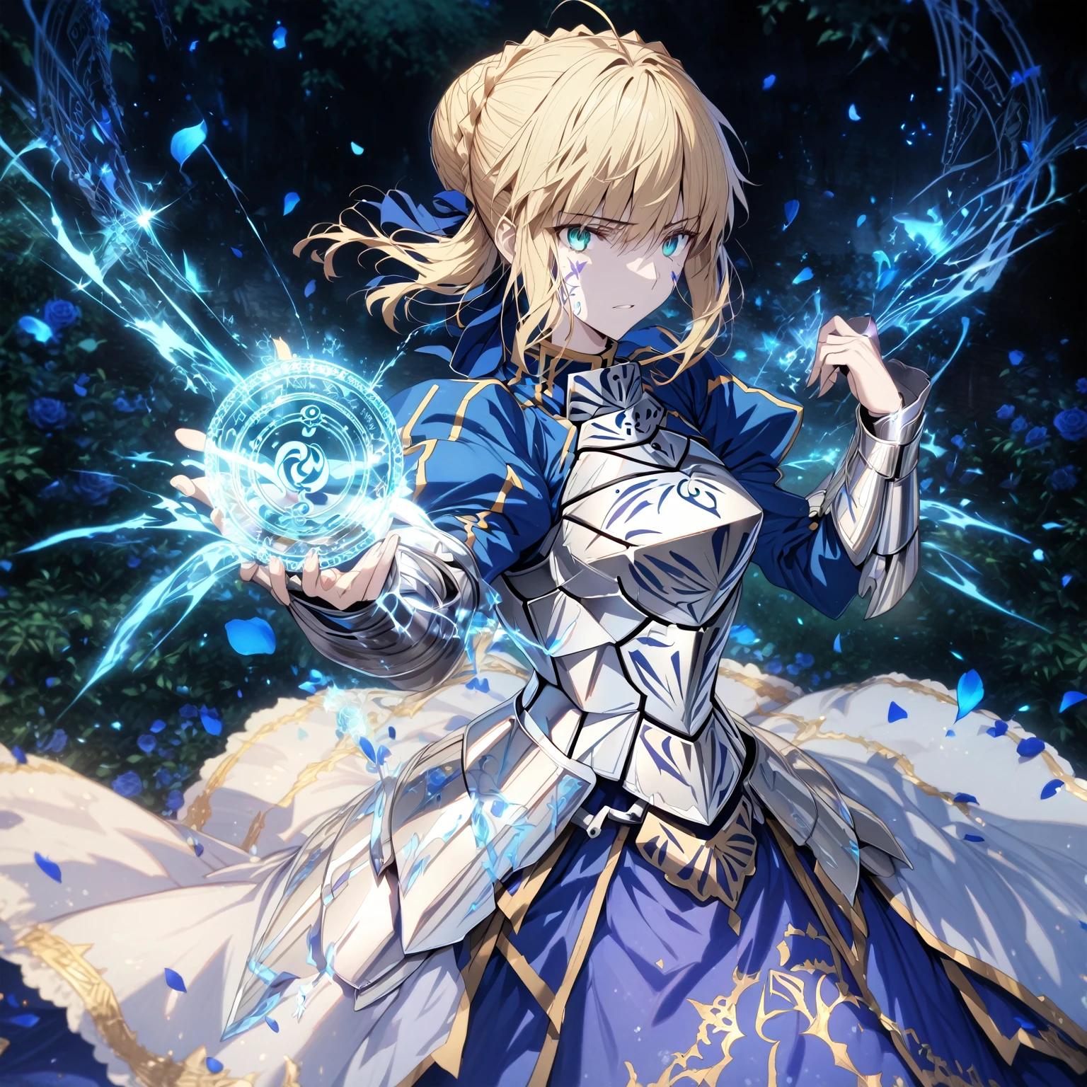 absurdres, highres, ultra detailed, HDR, master piece, best quality, extremely detailed, detailed eyes, detailed face, Artoria Pendragon, Saber, blonde hair, expressive turquoise eyes, Fate Stay Night, solo, woman, beautiful, blue dress, silver armor, magic circle, garden, green leaves, blue petals, blue roses, fantasy, magical