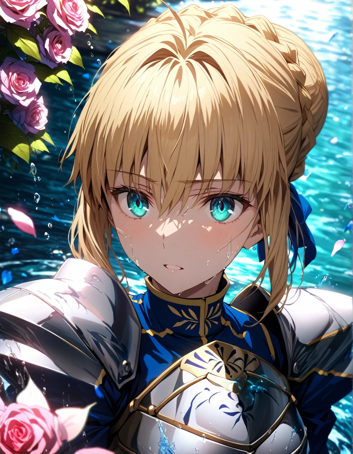 absurdres, highres, ultra detailed, HDR, master piece, best quality, extremely detailed, detailed eyes, detailed face, Artoria Pendragon, Saber, blonde hair, expressive turquoise eyes, Fate Stay Night, solo, woman, beautiful, blue dress, silver armor, magic circle, water, green leaves, blue petals, blue roses, fantasy, magical