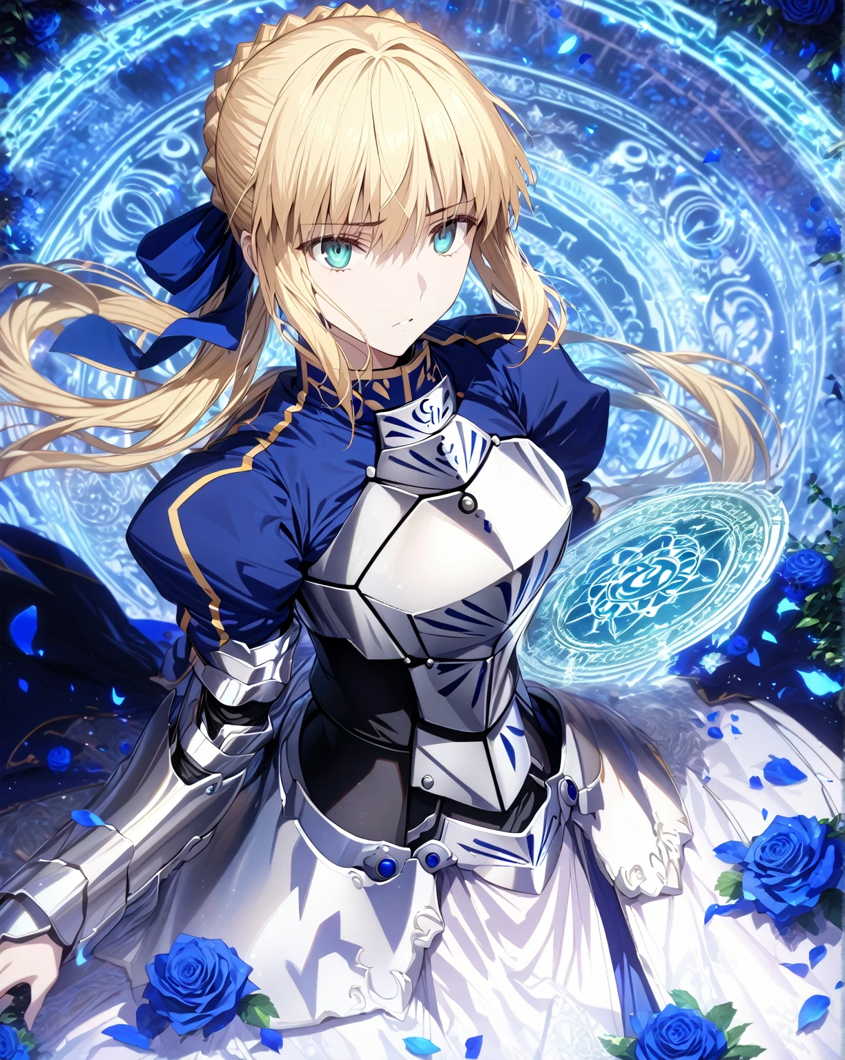 absurdres, highres, ultra detailed, HDR, master piece, best quality, extremely detailed, detailed eyes, detailed face, Artoria Pendragon, Saber, blonde hair, expressive turquoise eyes, Fate Stay Night, solo, woman, beautiful, blue dress, silver armor, magic circle, garden, green leaves, blue petals, blue roses, fantasy, magical