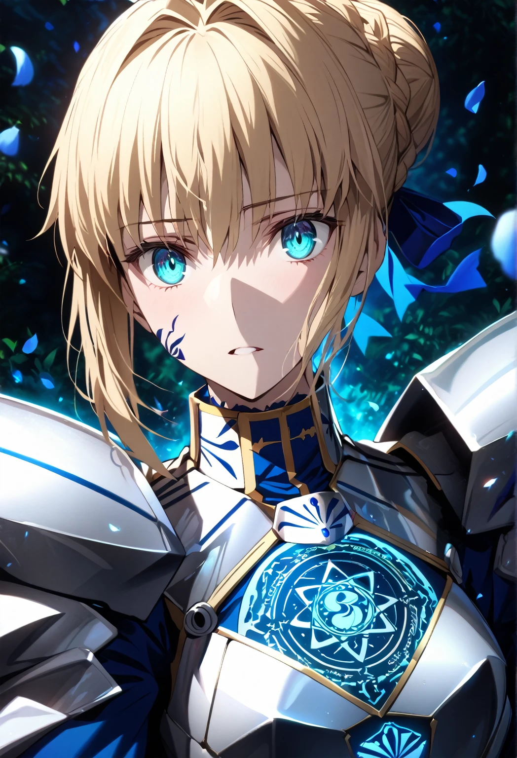 absurdres, highres, ultra detailed, HDR, master piece, best quality, extremely detailed, detailed eyes, detailed face, Artoria Pendragon, Saber, blonde hair, expressive turquoise eyes, Fate Stay Night, solo, woman, beautiful, blue dress, silver armor, magic circle, garden, green leaves, blue petals, blue roses, fantasy, magical